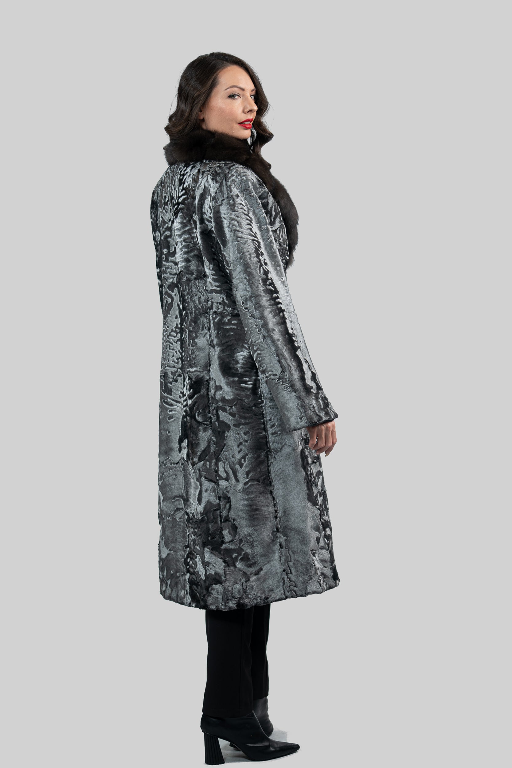 Shadow Grey Swakara Coat with Russian Sable Notch Collar S/S13C976