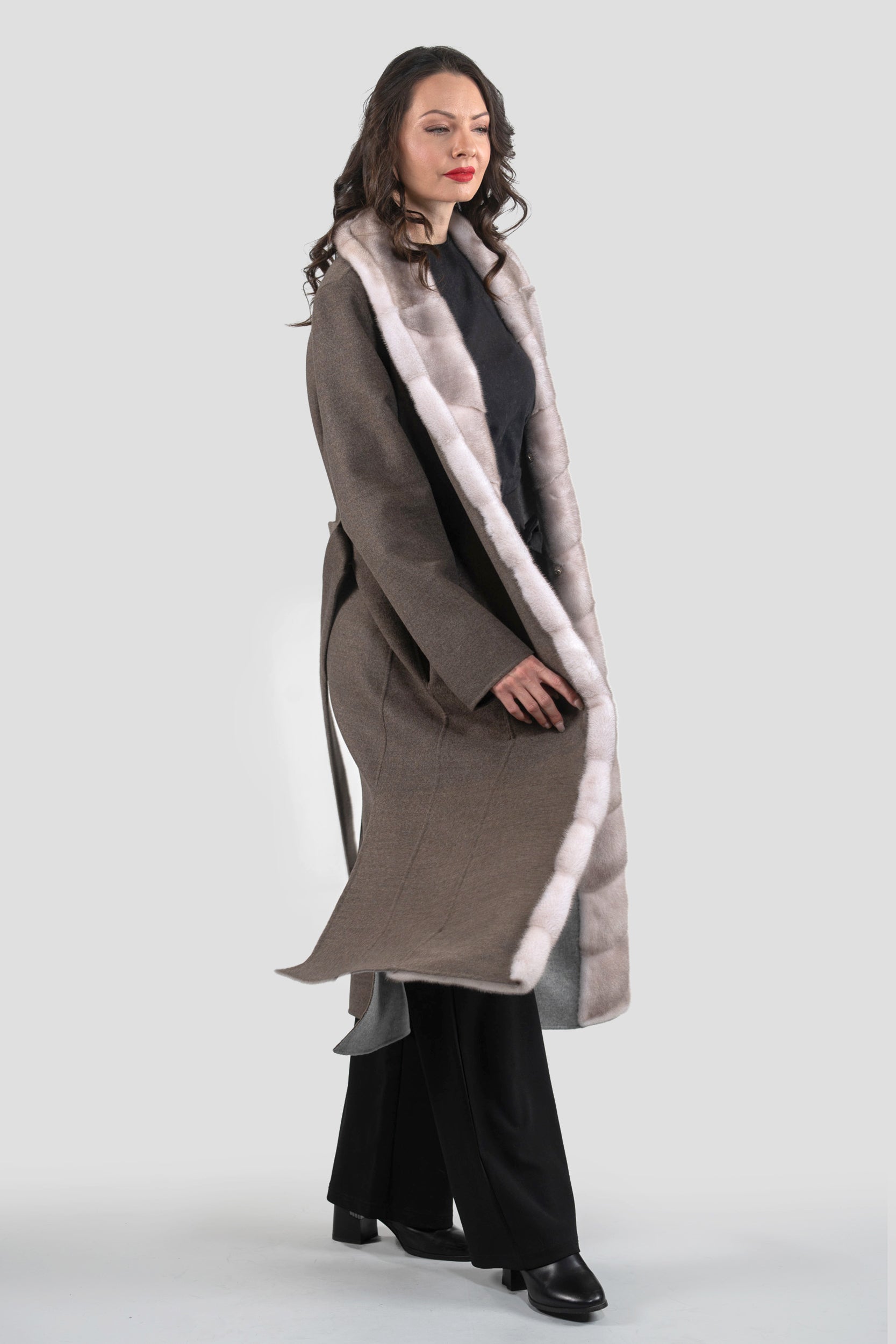 Brown Grey Cashmere Coat with Mink Trim 3321