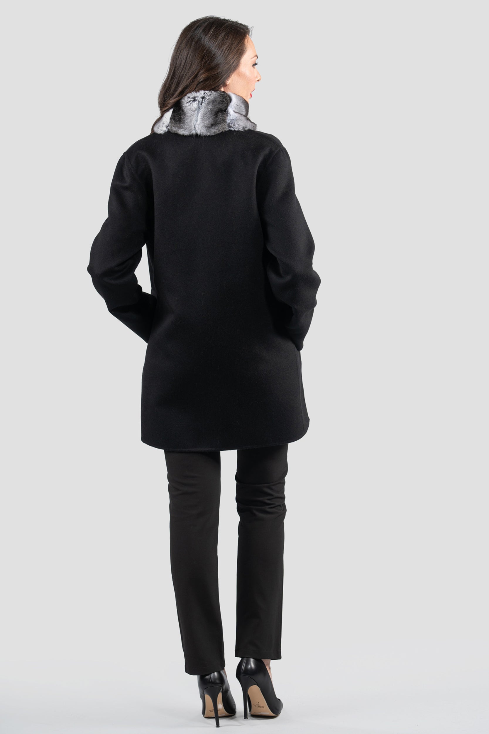 Black Cashmere Coat with Chinchilla Trim 21C8050