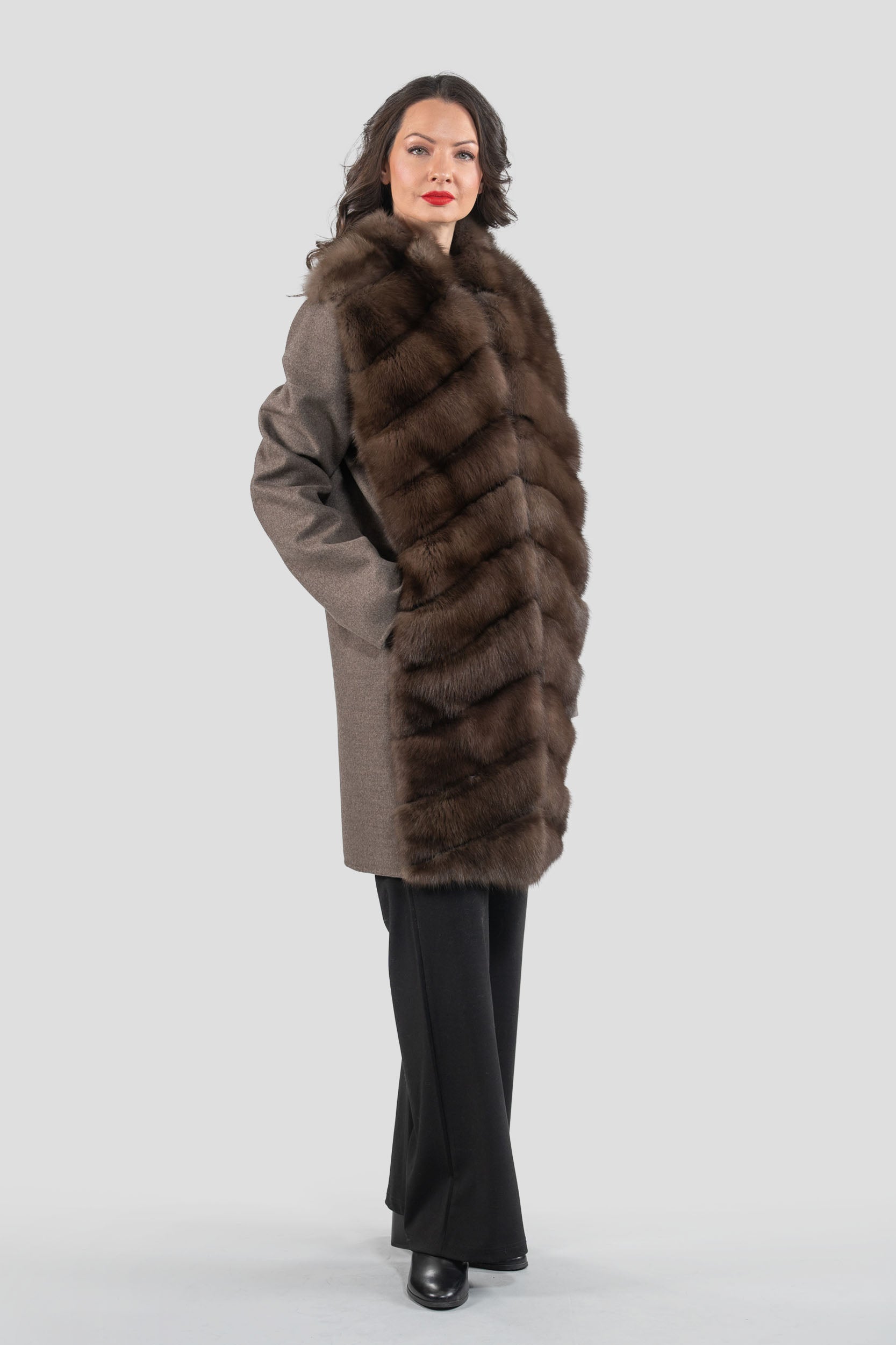Brown Grey Cashmere Half Coat with Baumarten Trim 17c8003