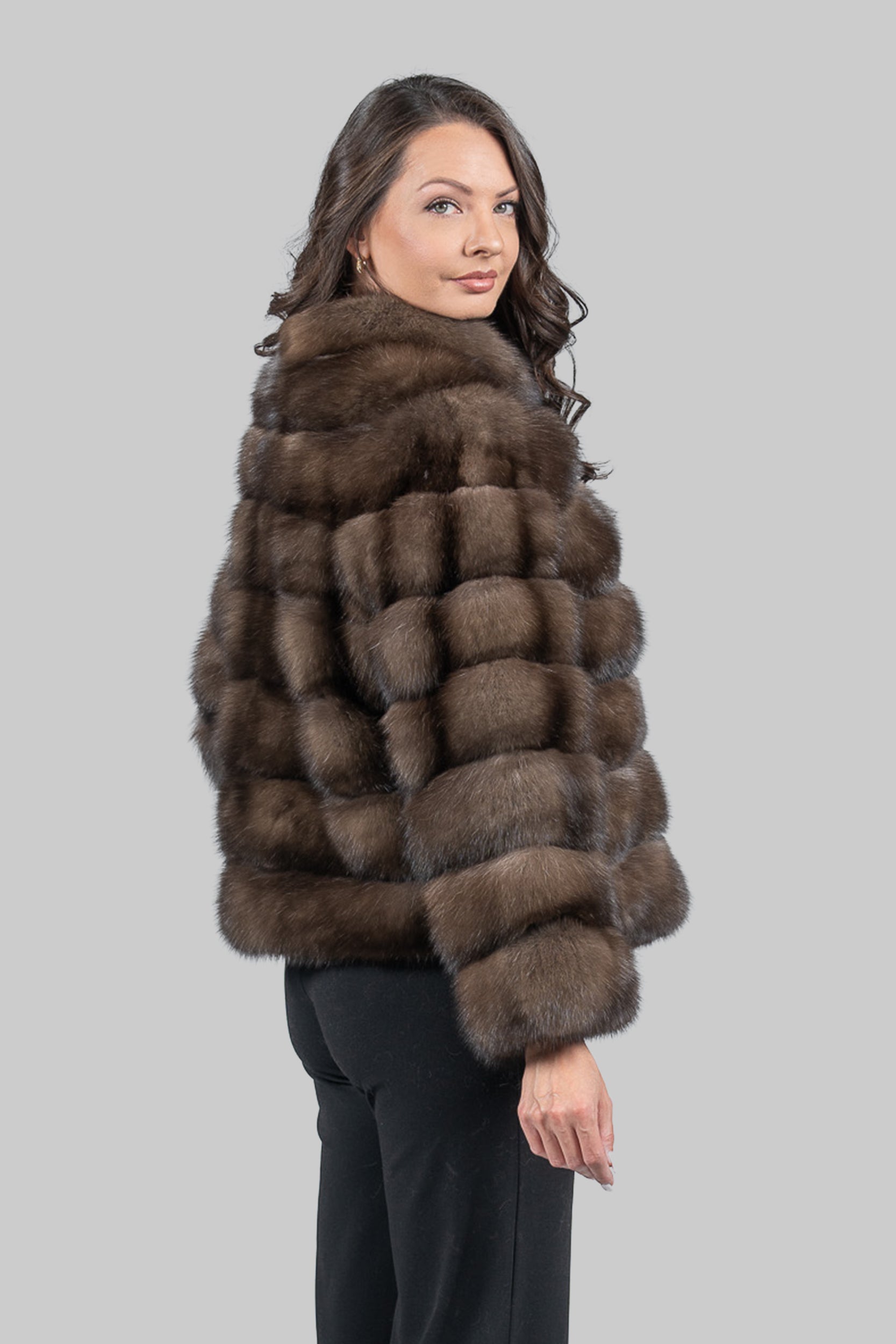 Graphite Russian Sable Cropped Jacket with Stand Collar P/K13C528