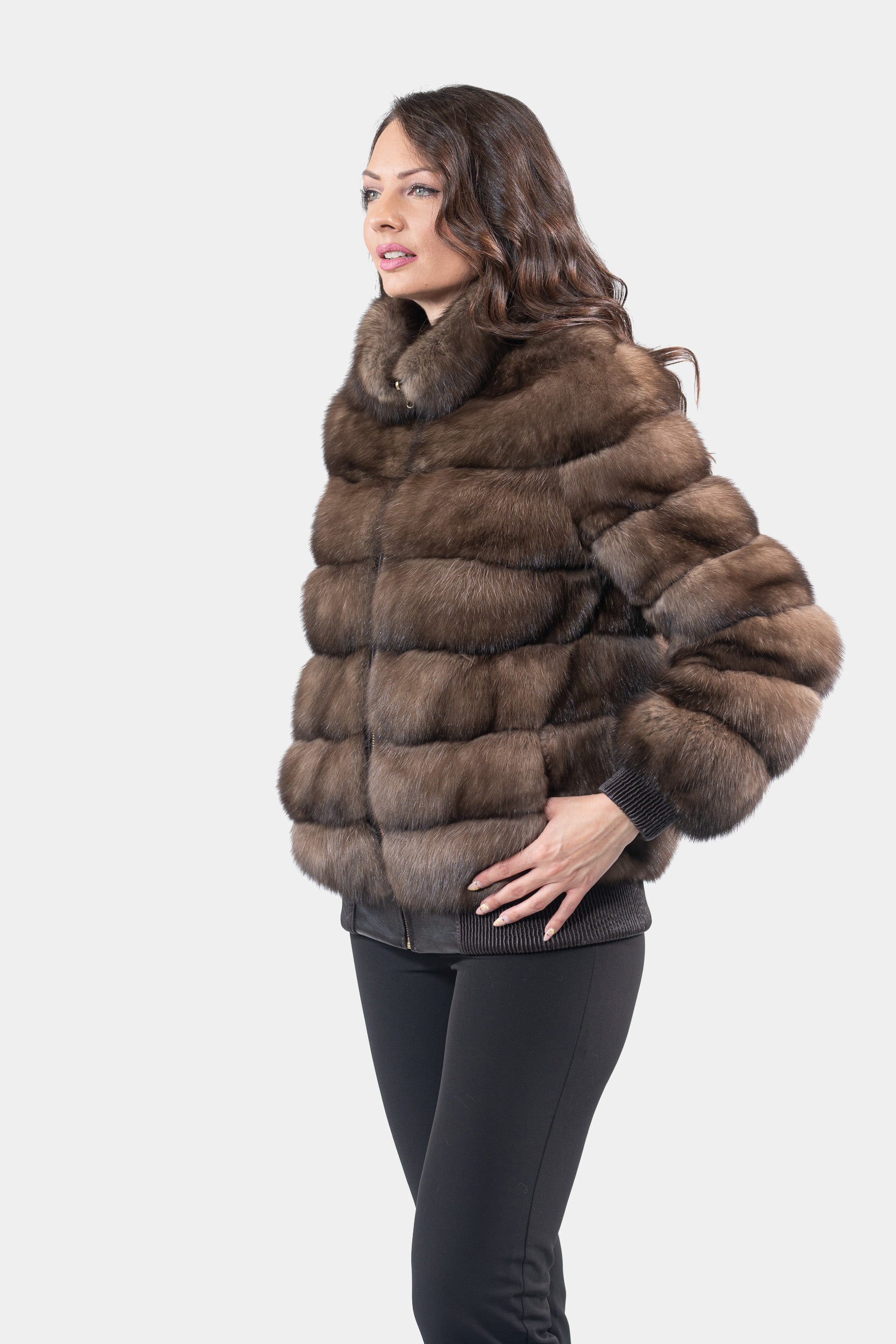 Reversible Titanium Russian Sable Bomber Jacket with Stand Collar P/K228