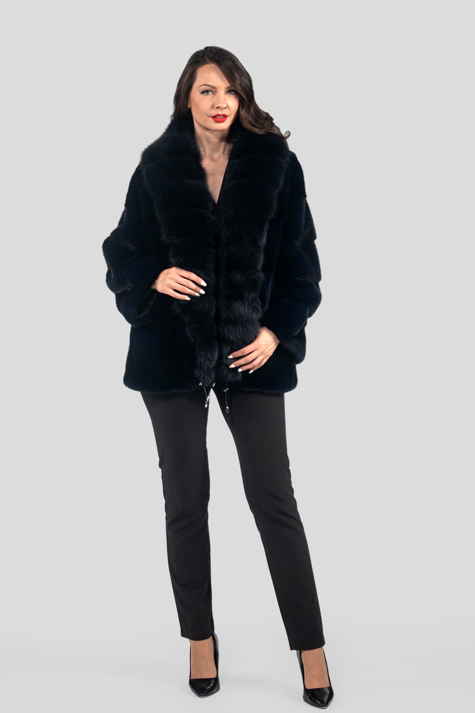 Blue Black Mink Half Coat with Extended Baumarten Shawl Collar V/K19C123