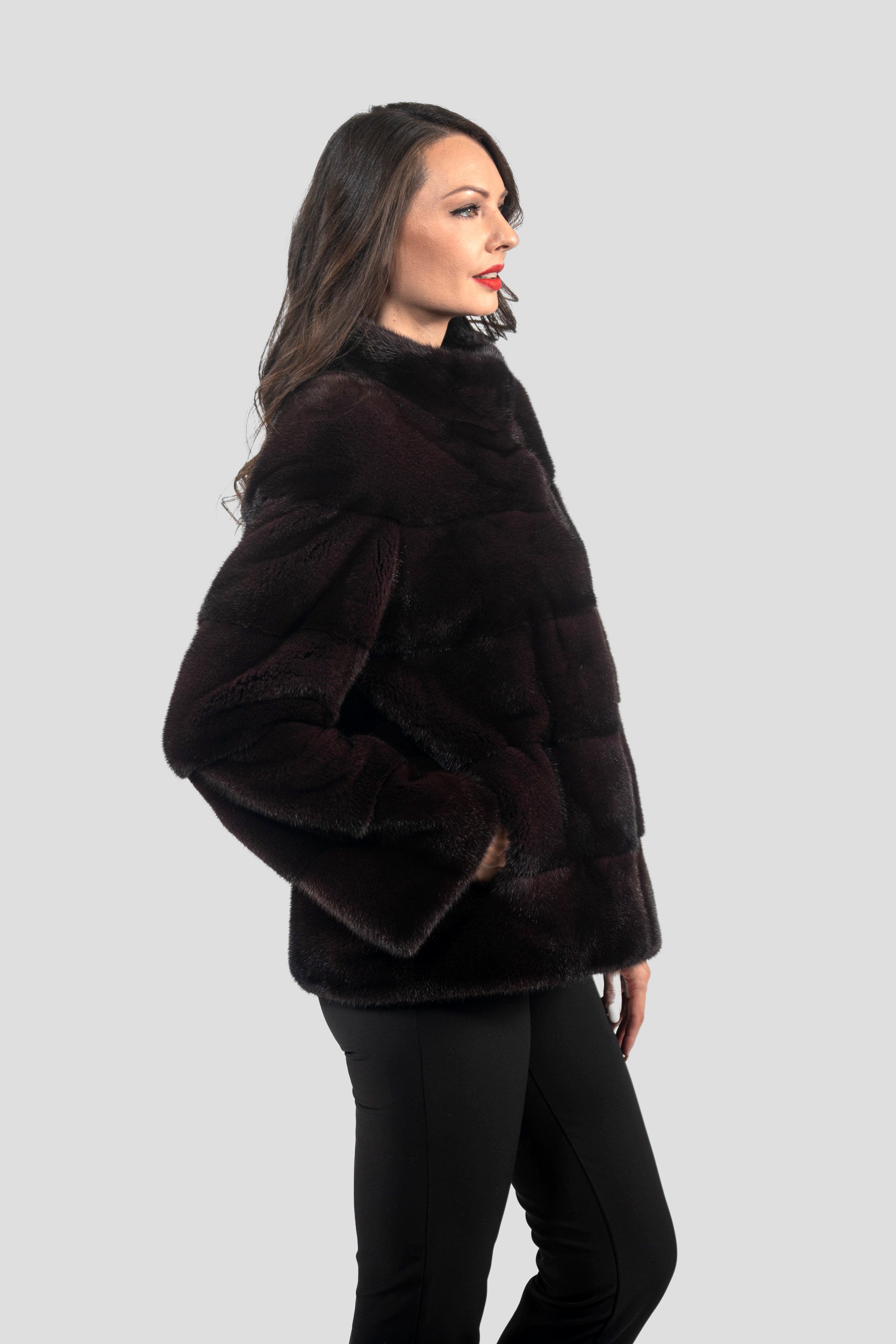 Bordeaux Mink Jacket with Stand Collar P/K13C528