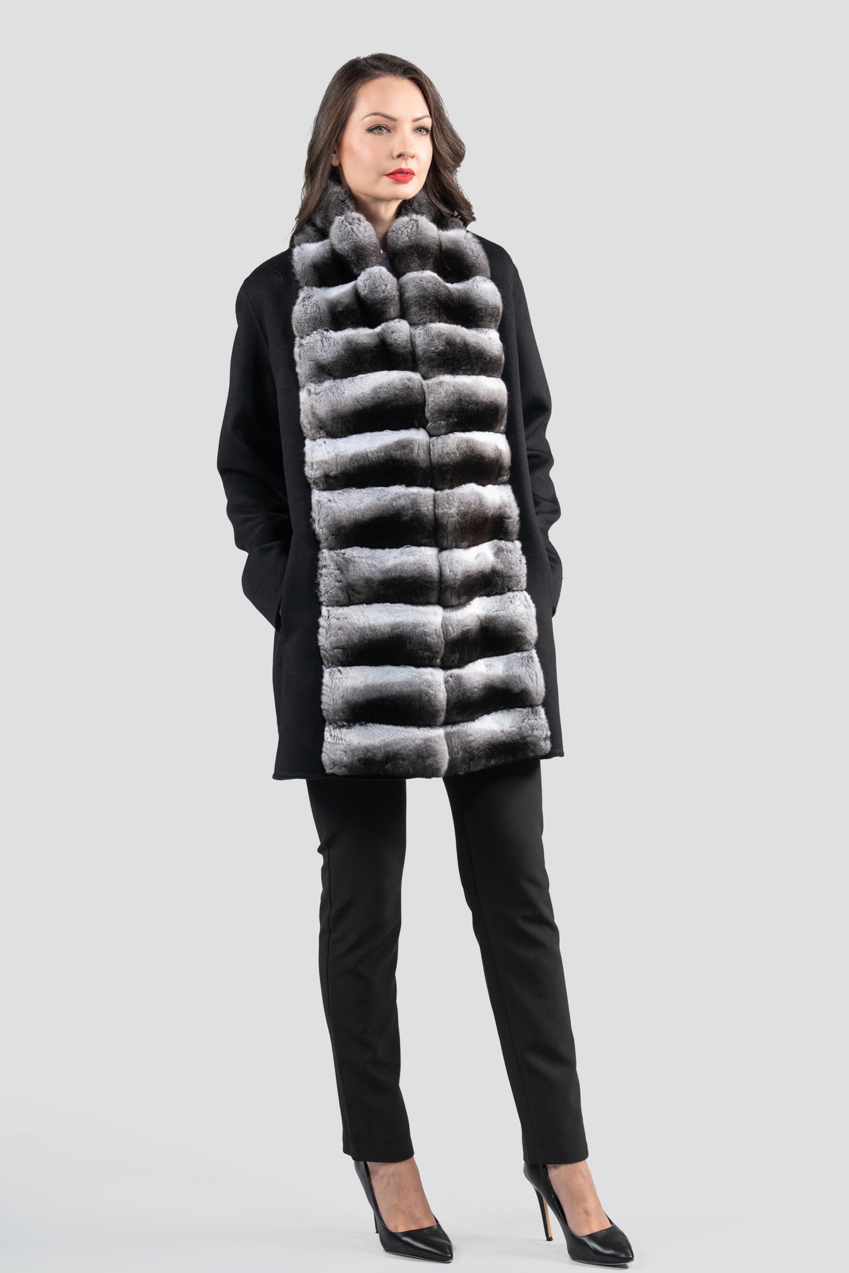 Black Cashmere Coat with Chinchilla Trim 21C8050