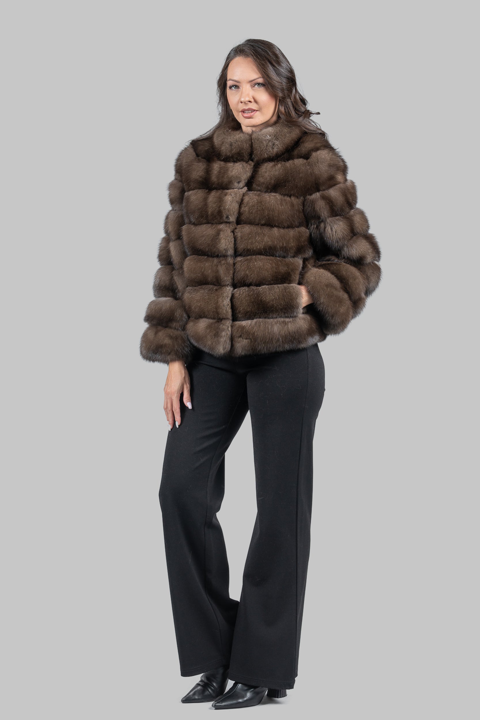 Graphite Russian Sable Cropped Jacket with Stand Collar P/K13C528