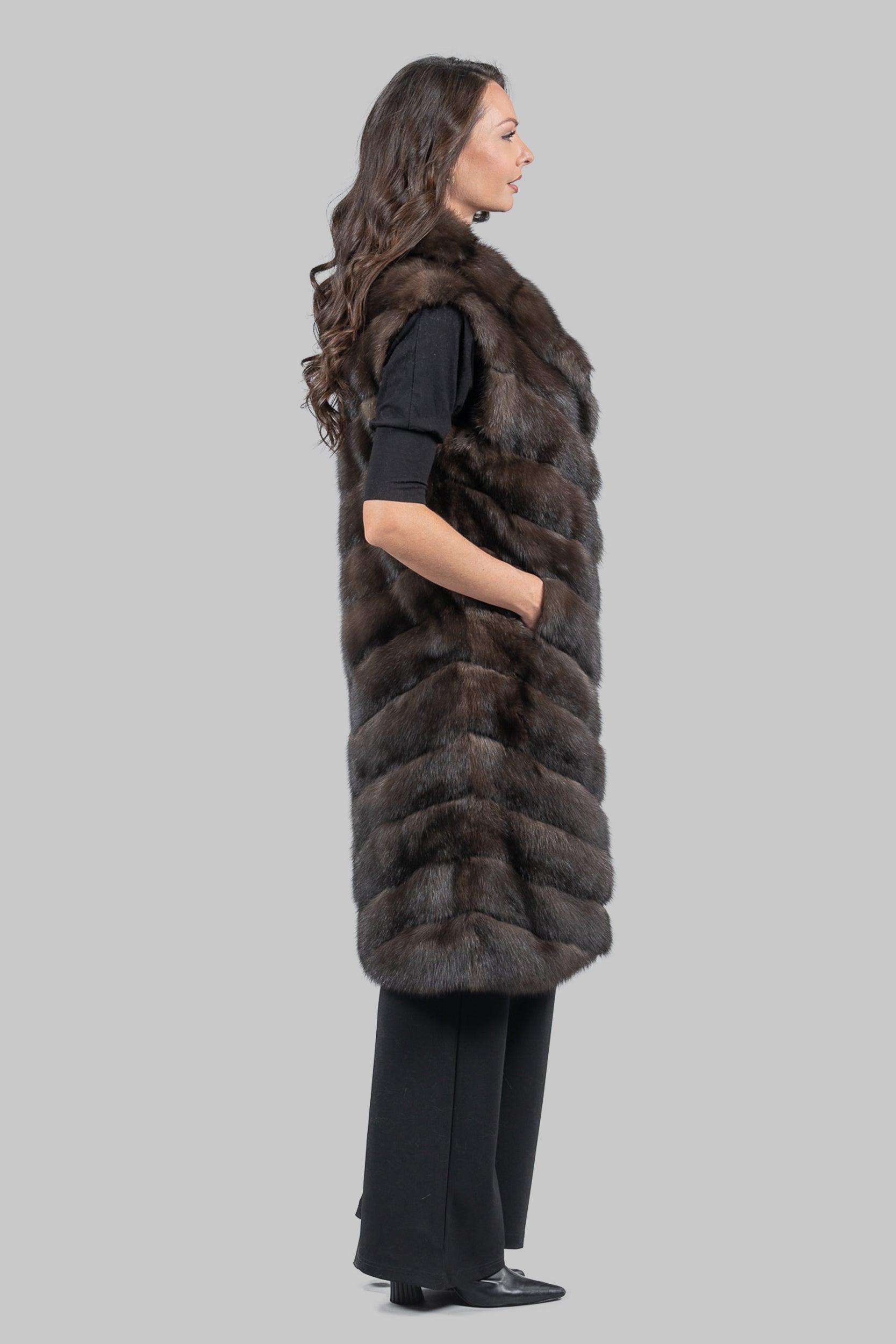 Dark Sable Long Vest with Notch Collar V/K13c519s20