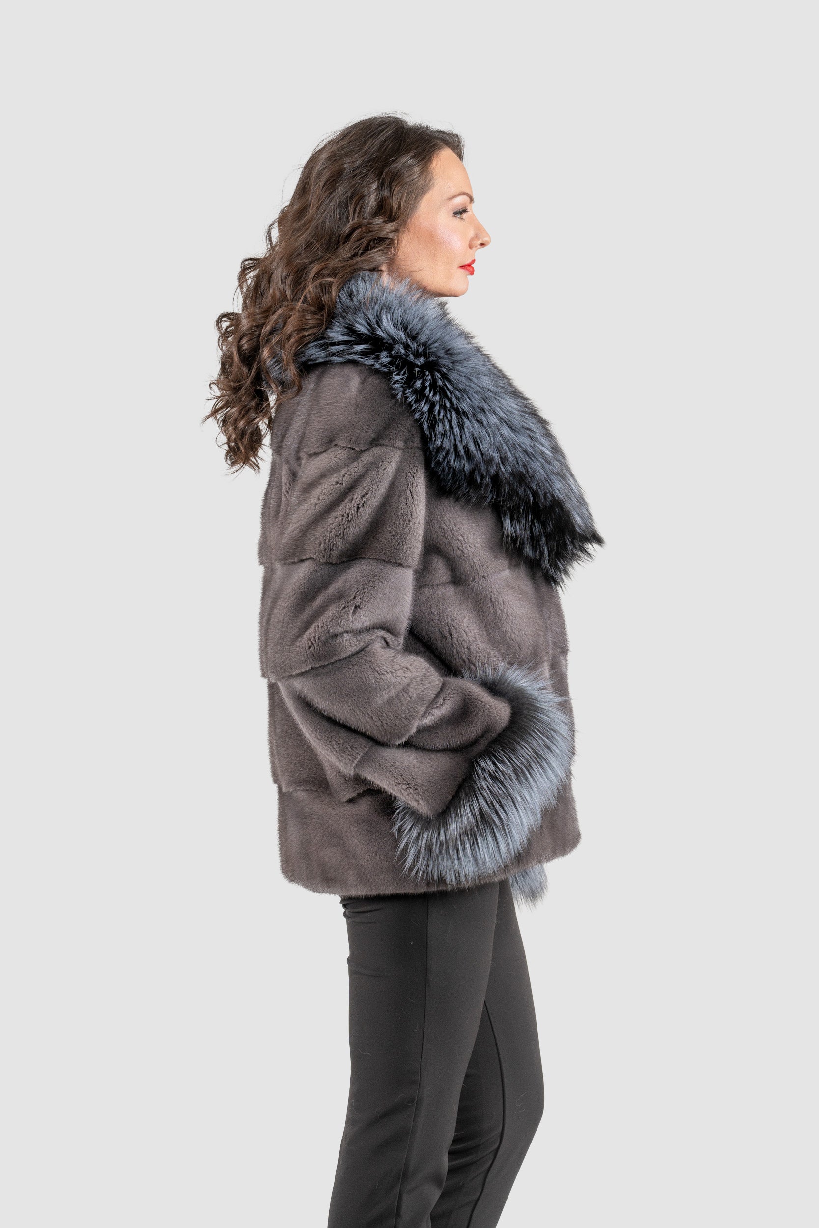 Grey Moon Mink Fur Jacket with Fox Shawl Collar and Cuffs P/K13C528C17