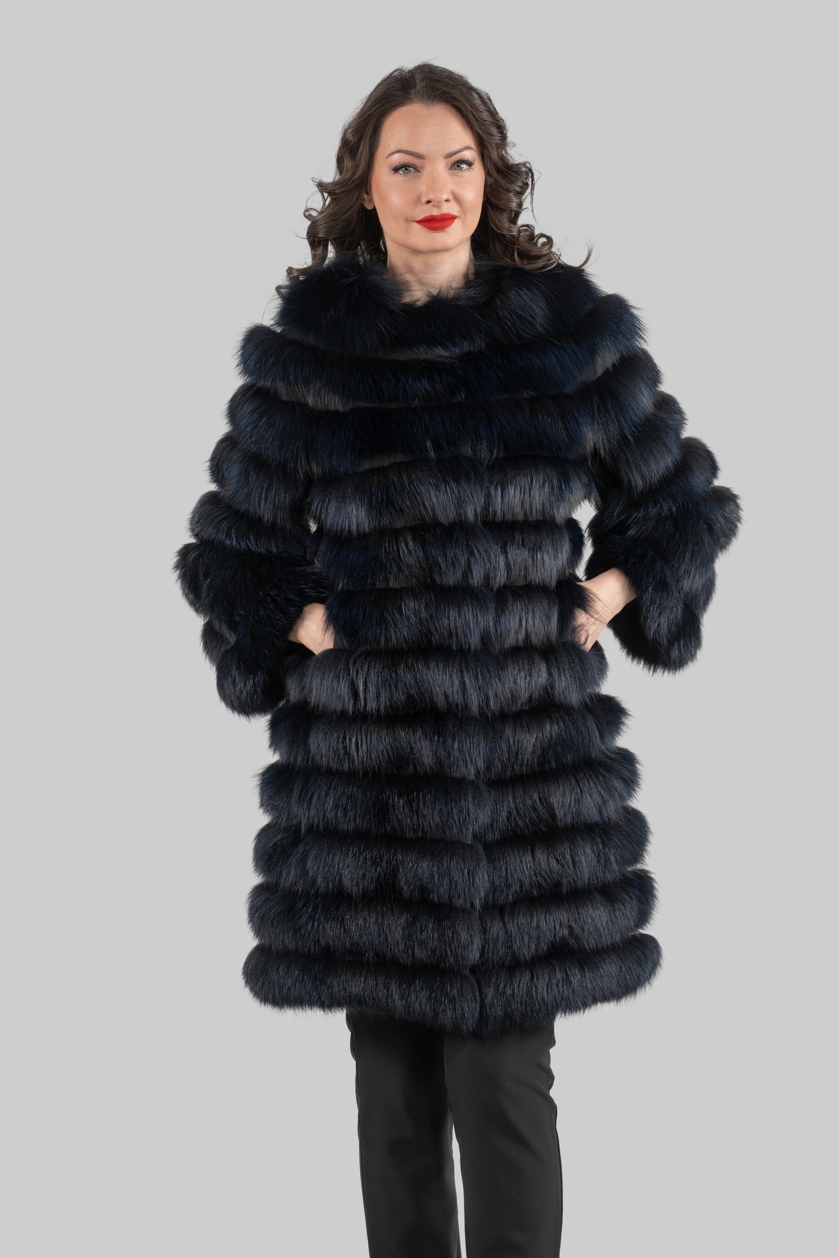 Blue Black Fox Collarless Half Coat R/K13C520