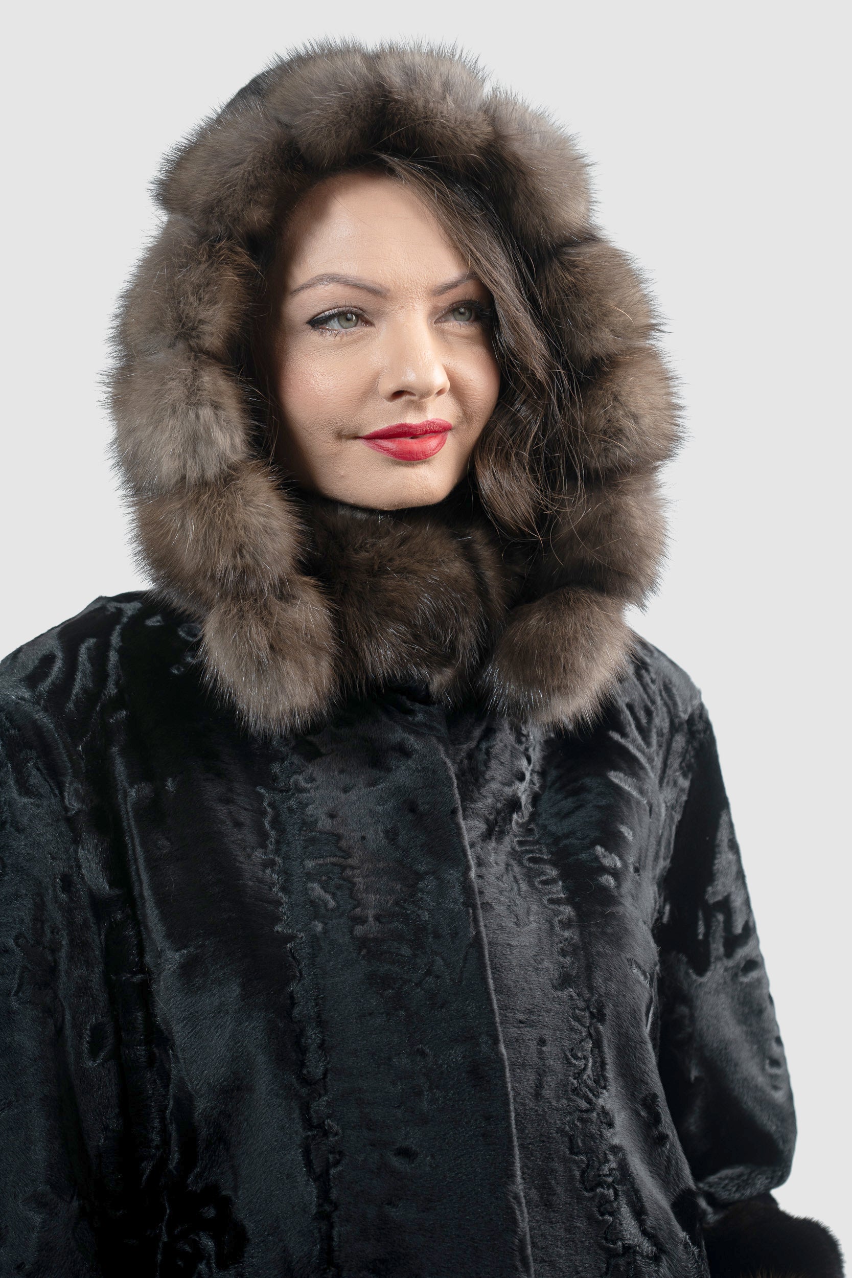 Black Swakara Hooded Half Coat with Mink and Russian Sable Trim S/SR/K4535