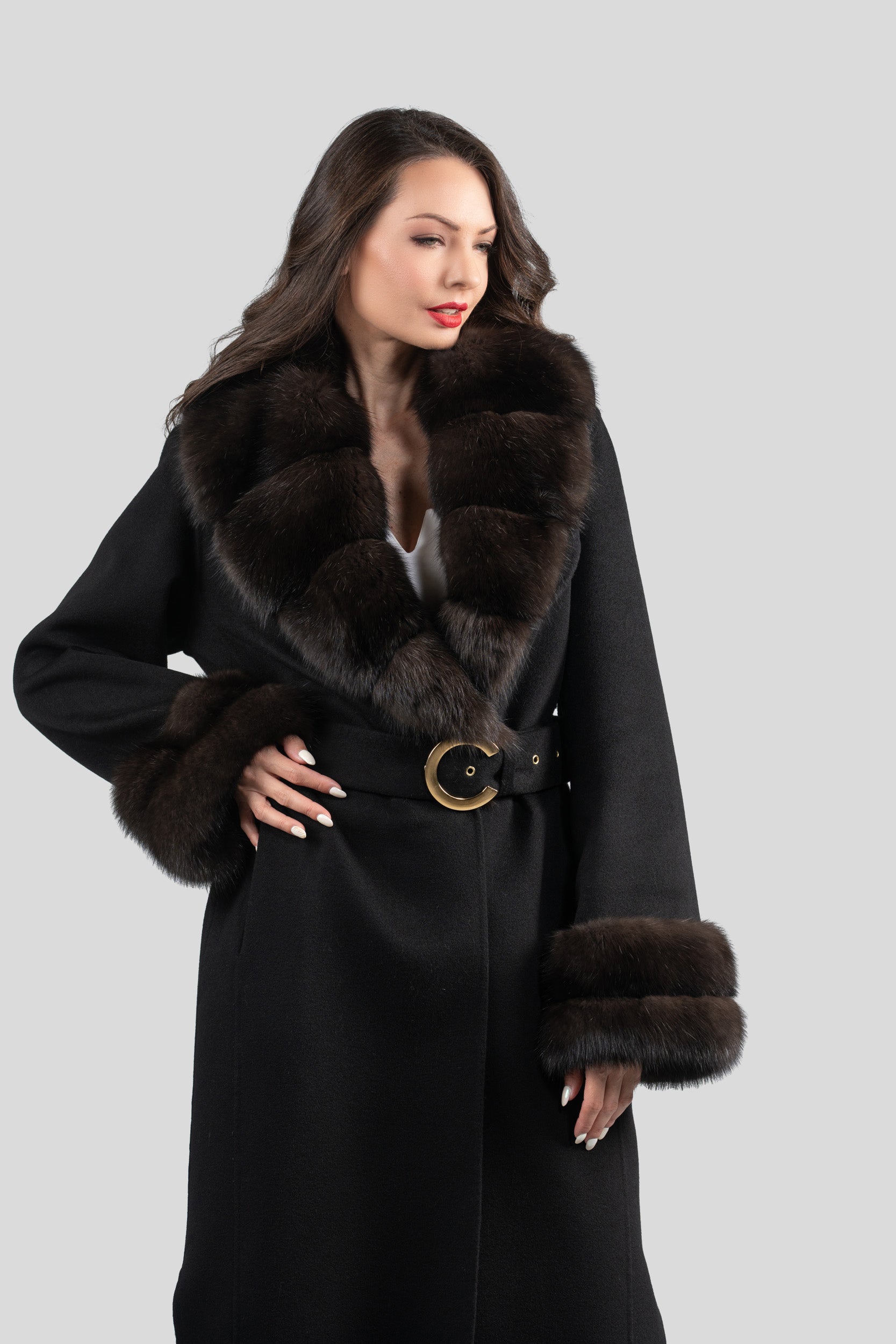 Black Cashmere Coat with Russian Sable Shawl Collar 20C8070