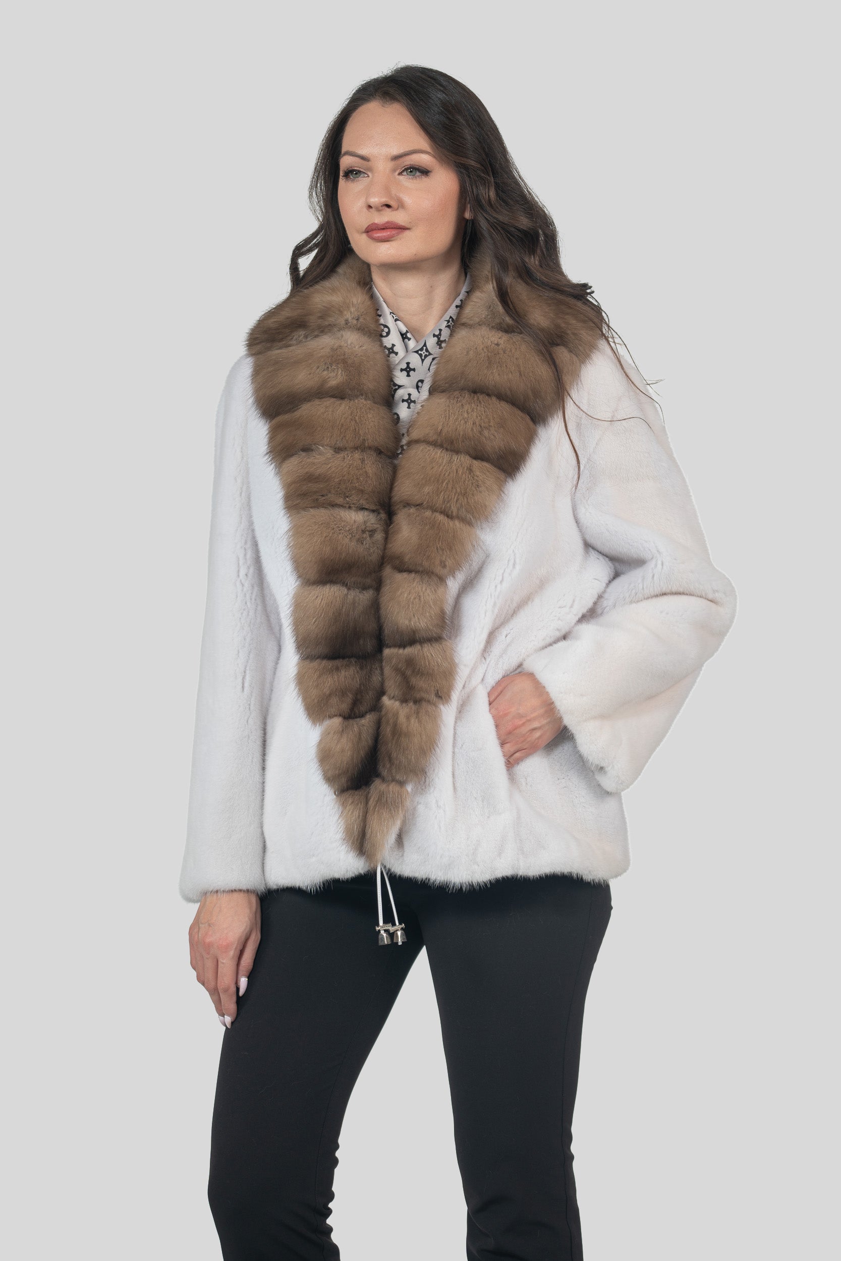 White Mink Jacket with Russian Sable Trim L/O19C123