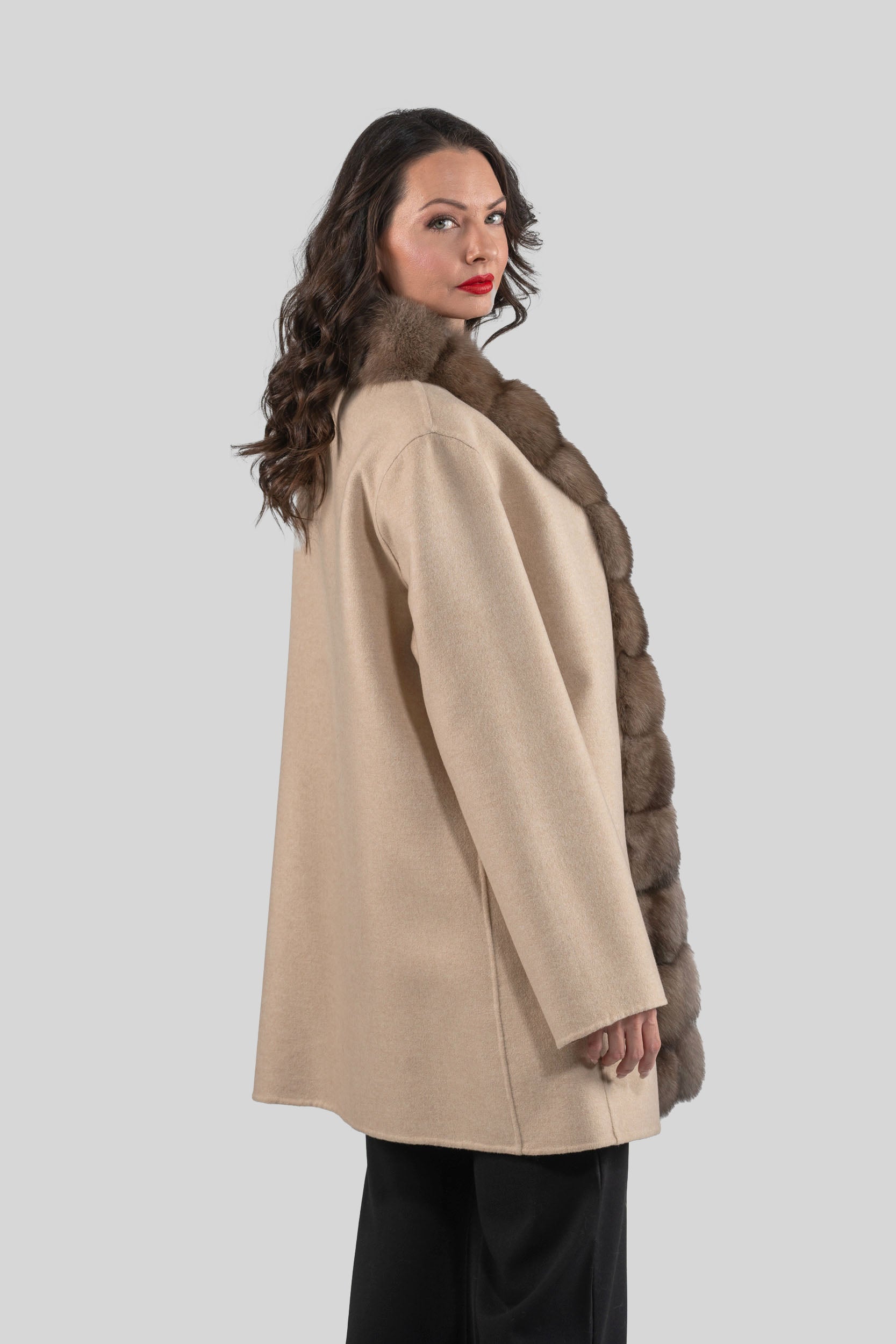 Ecru Cashmere Half Coat with Russian Sable Trim 21C6080