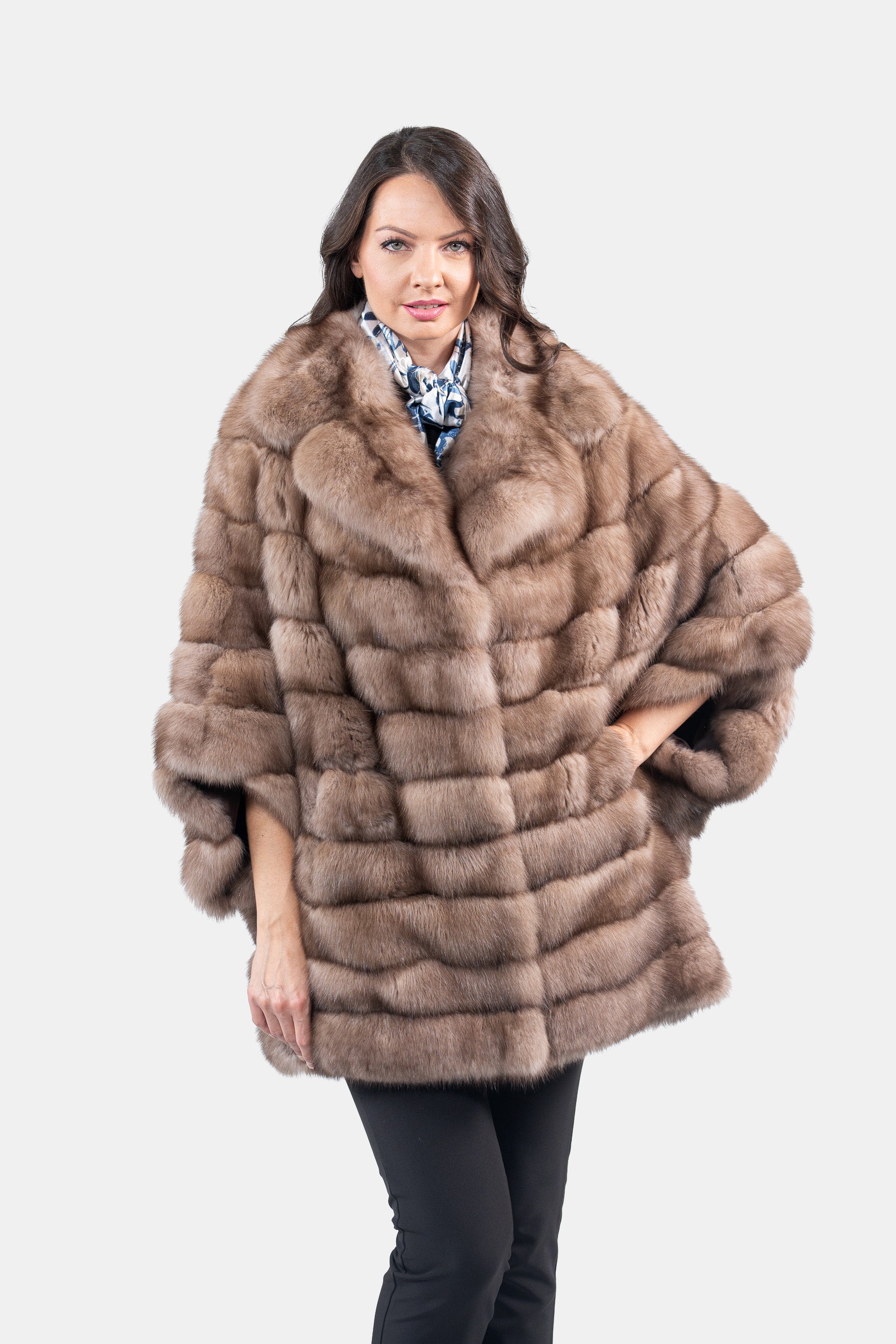 Graphite Russian Sable Cape with Notch Collar P/K13C929