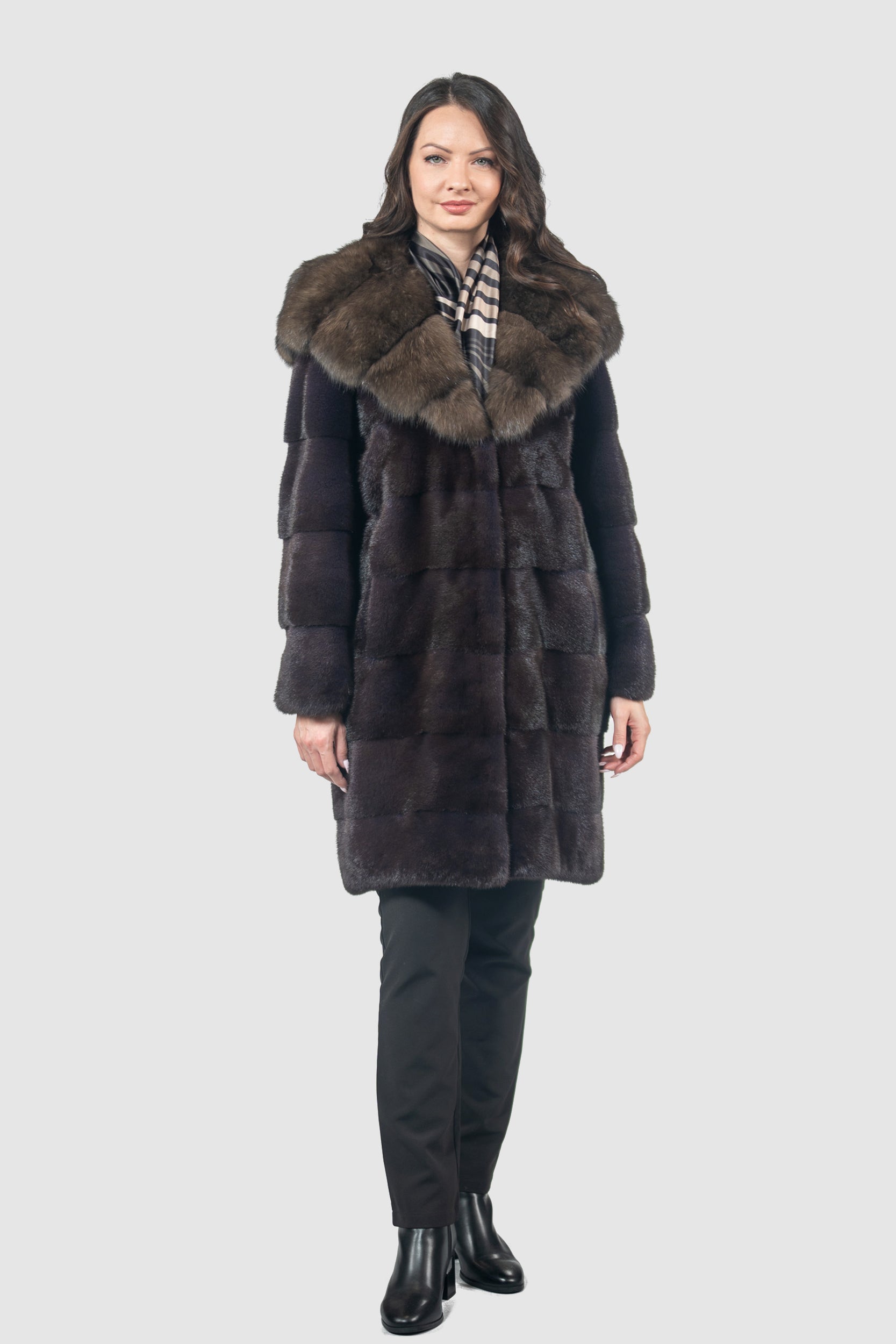 Aubergine Mink Half Coat with Russian Sable Hood P/K13C540