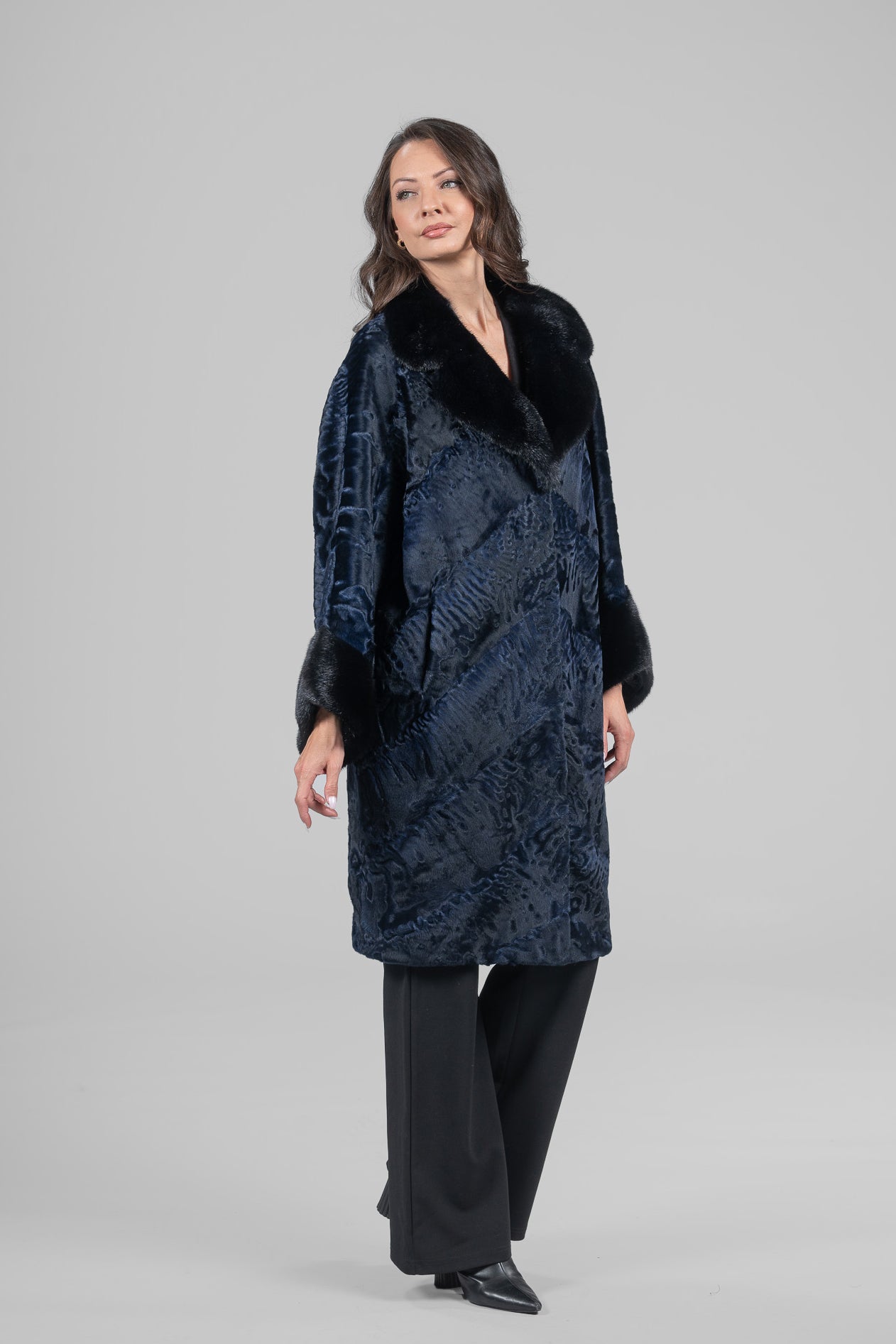 Blue-Black Swakara Half-Coat Mink Trim with Notch Collar A/K13C848gs20v30