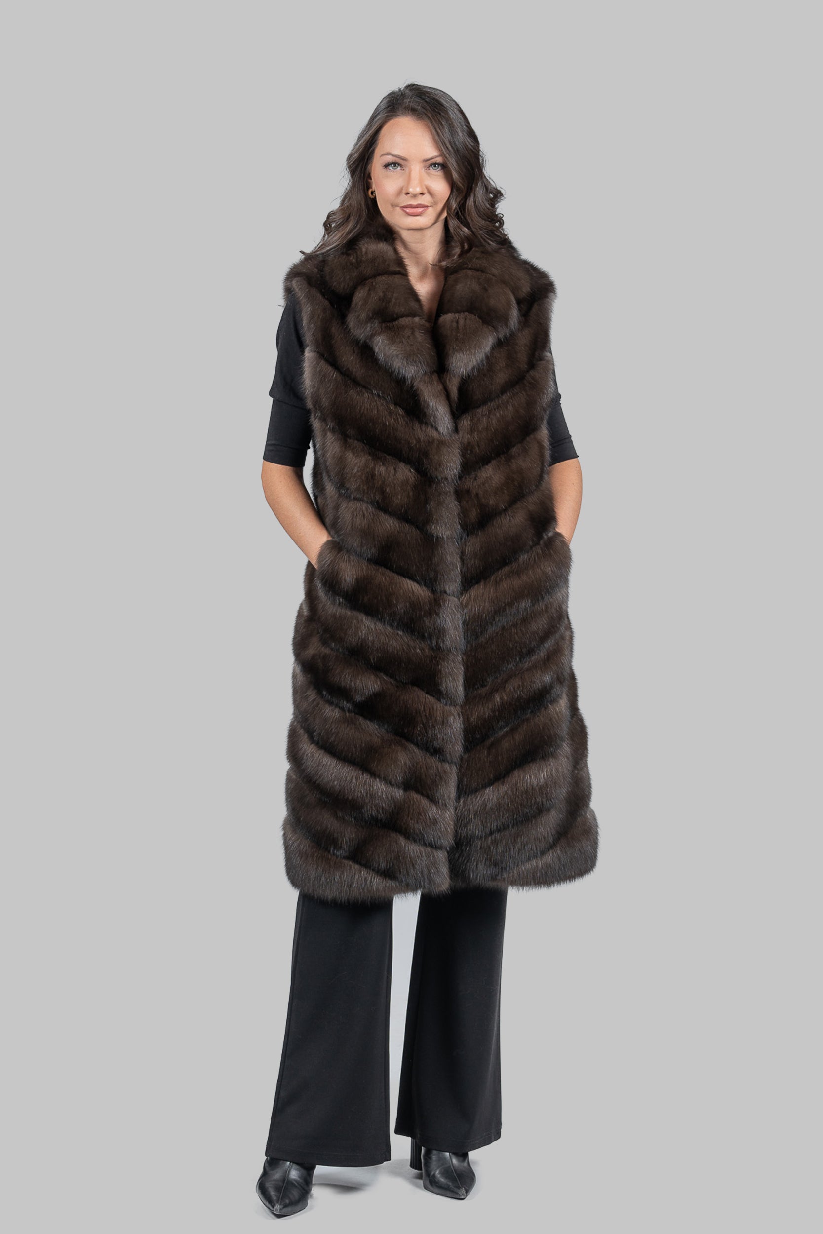 Dark Sable Long Vest with Notch Collar V/K13c519s20