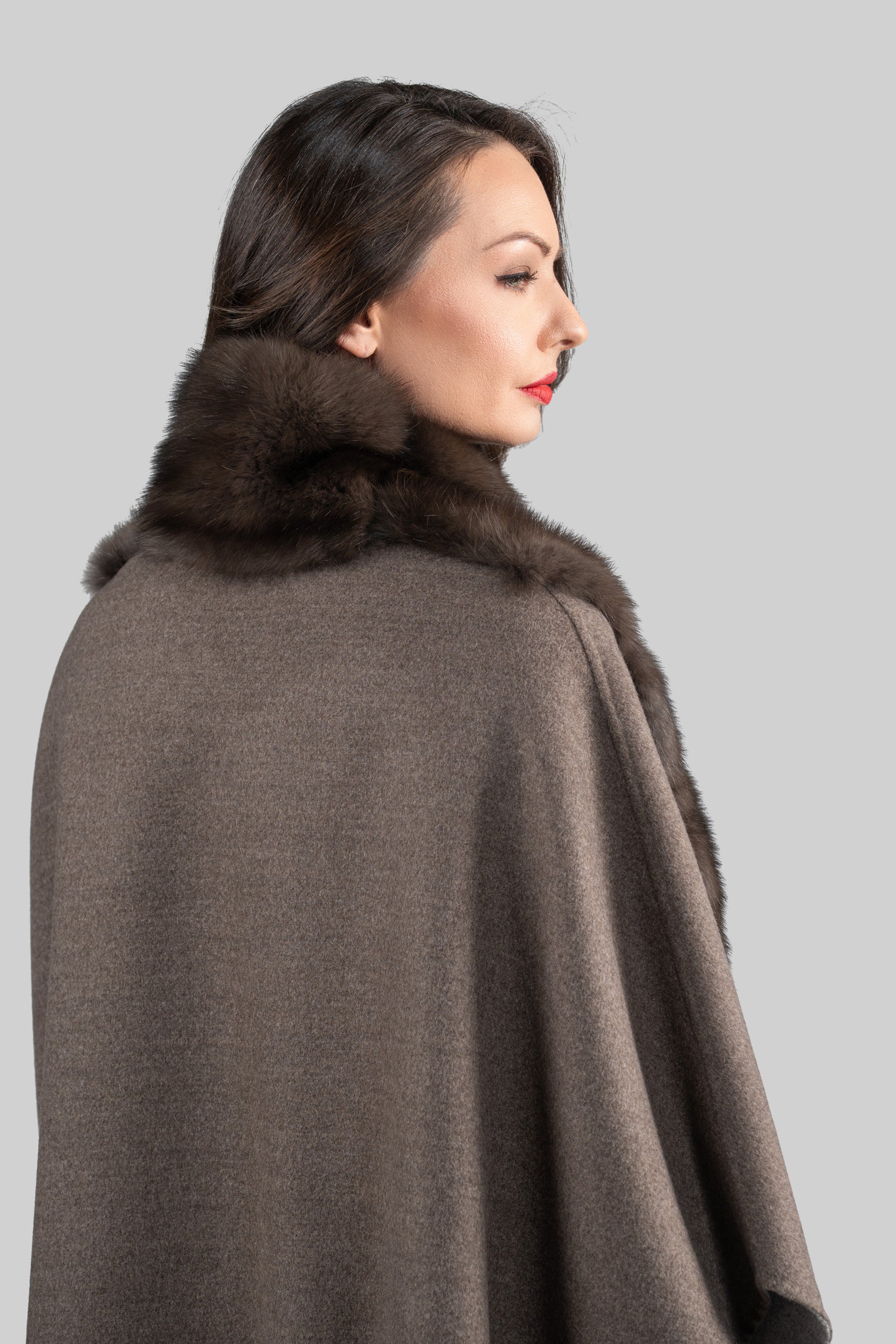Brown Gray Cashmere Cape with Russian Sable Trim 18M950