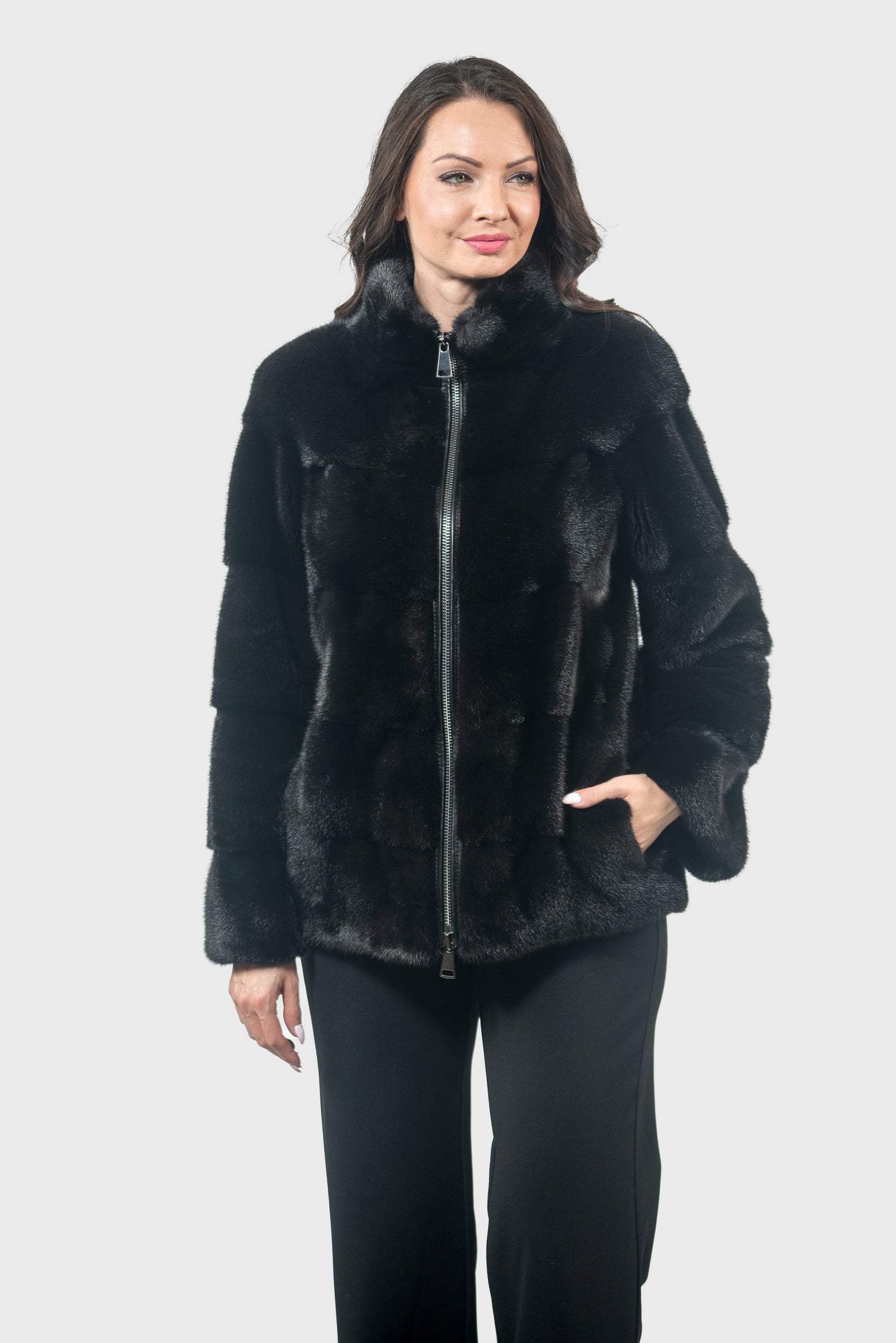 Black Mink Jacket with Stand Collar and Zipper P/K13C224