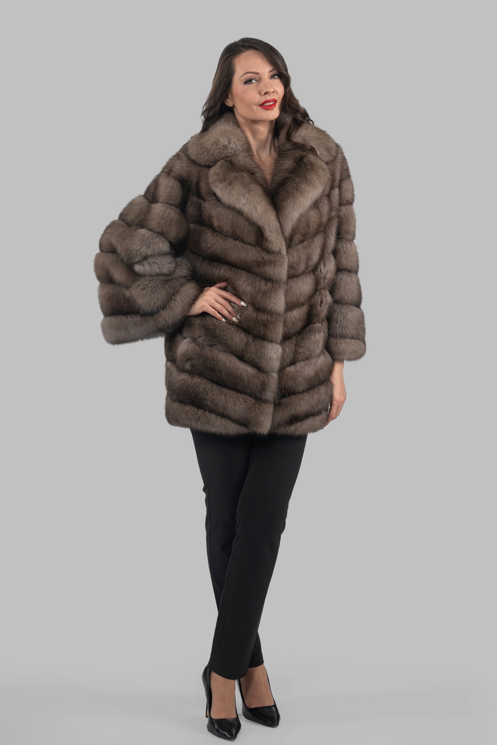 Graphite Russian Sable Half Coat with Notch Collar V/K14M475S20