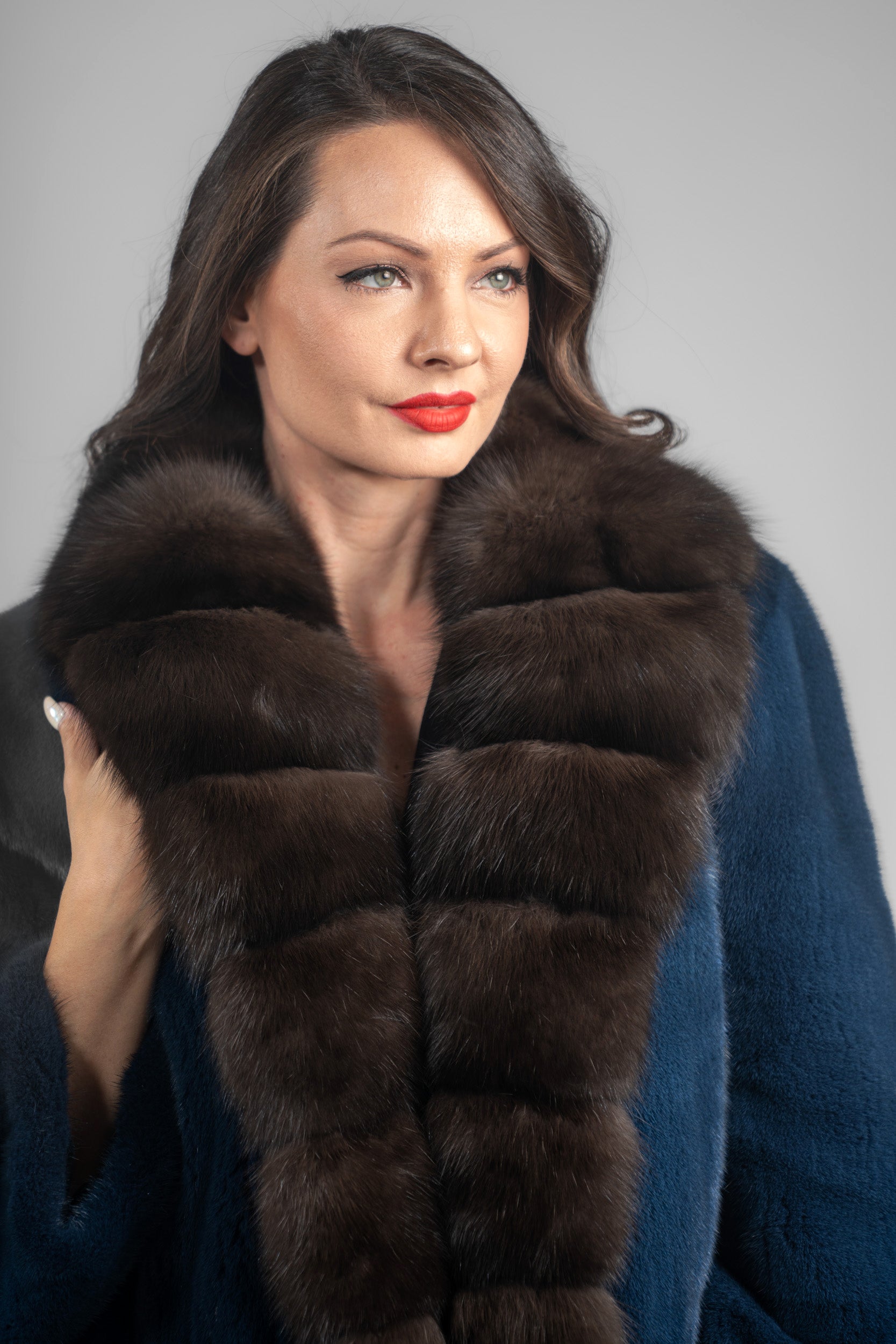 Blue Jean Mink Jacket with Extended Russian Sable Shawl Collar L/O19C123