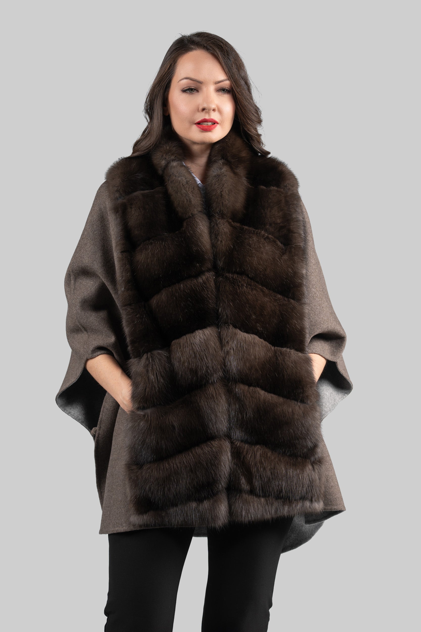Brown Gray Cashmere Cape with Russian Sable Trim 18M950