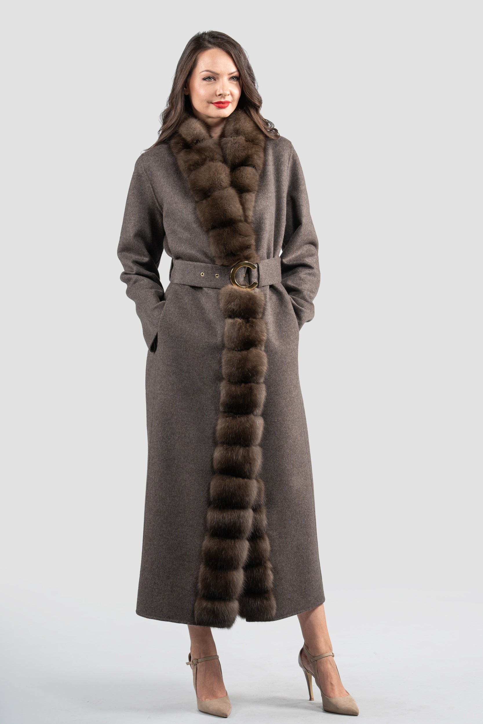Brown Grey Cashmere Coat with Russian Sable Trim 21C6080
