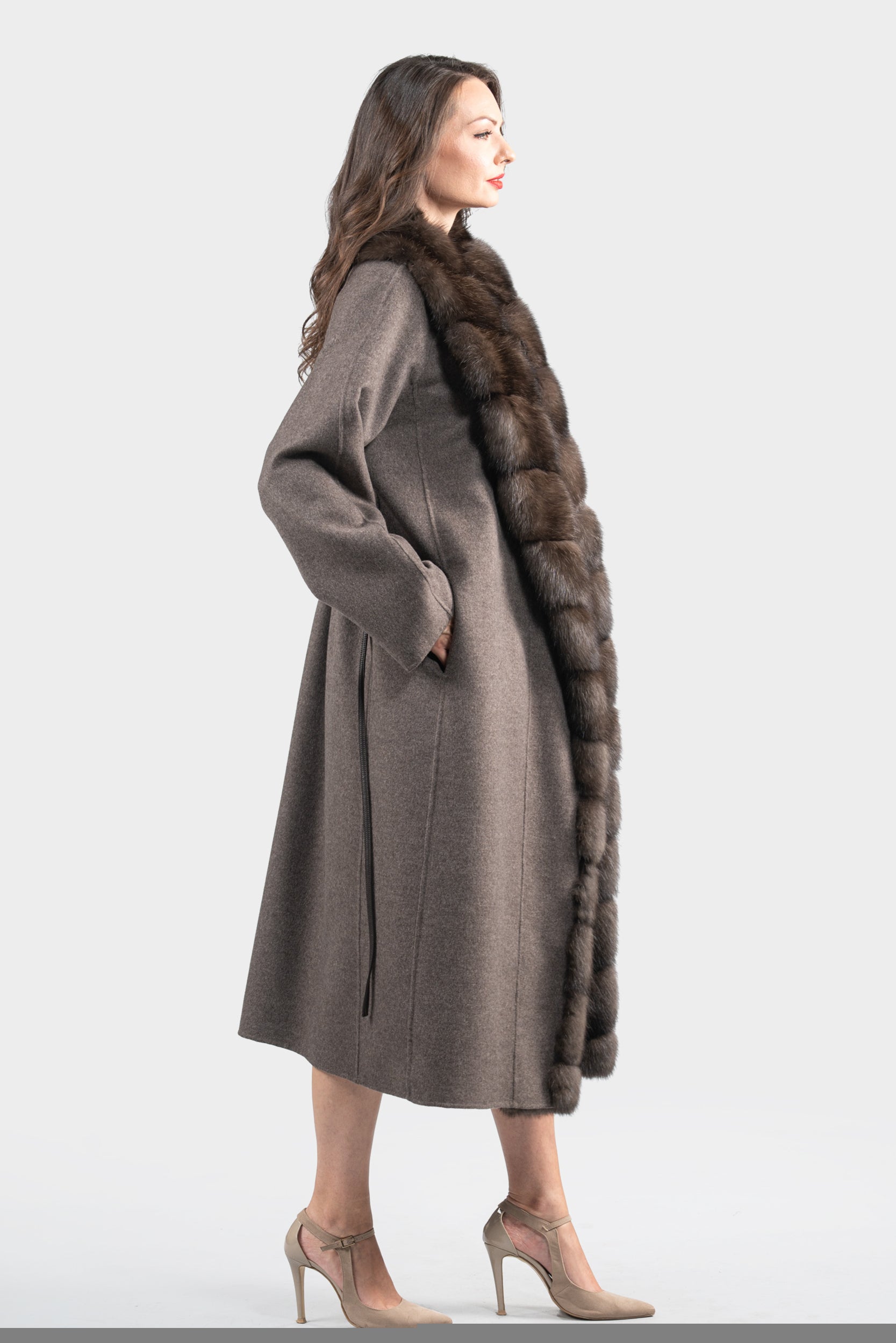 Brown Grey Cashmere Coat with Russian Sable Trim 22CA310