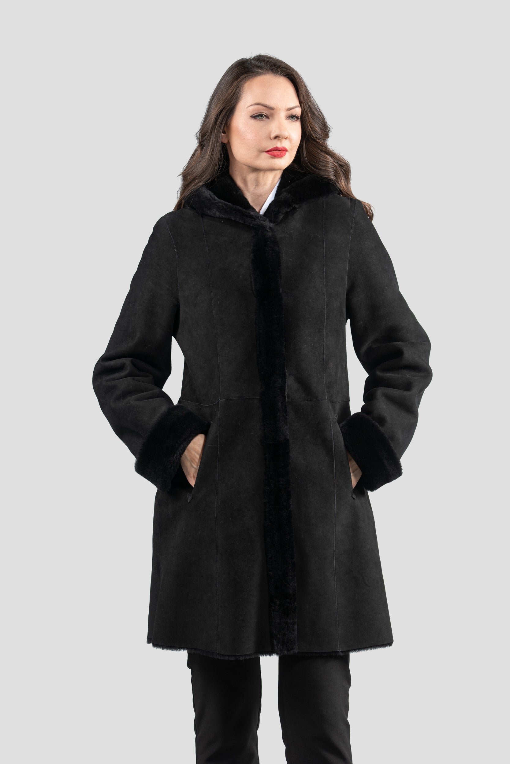 Hooded Black Half Coat In Spanish Merino 207H