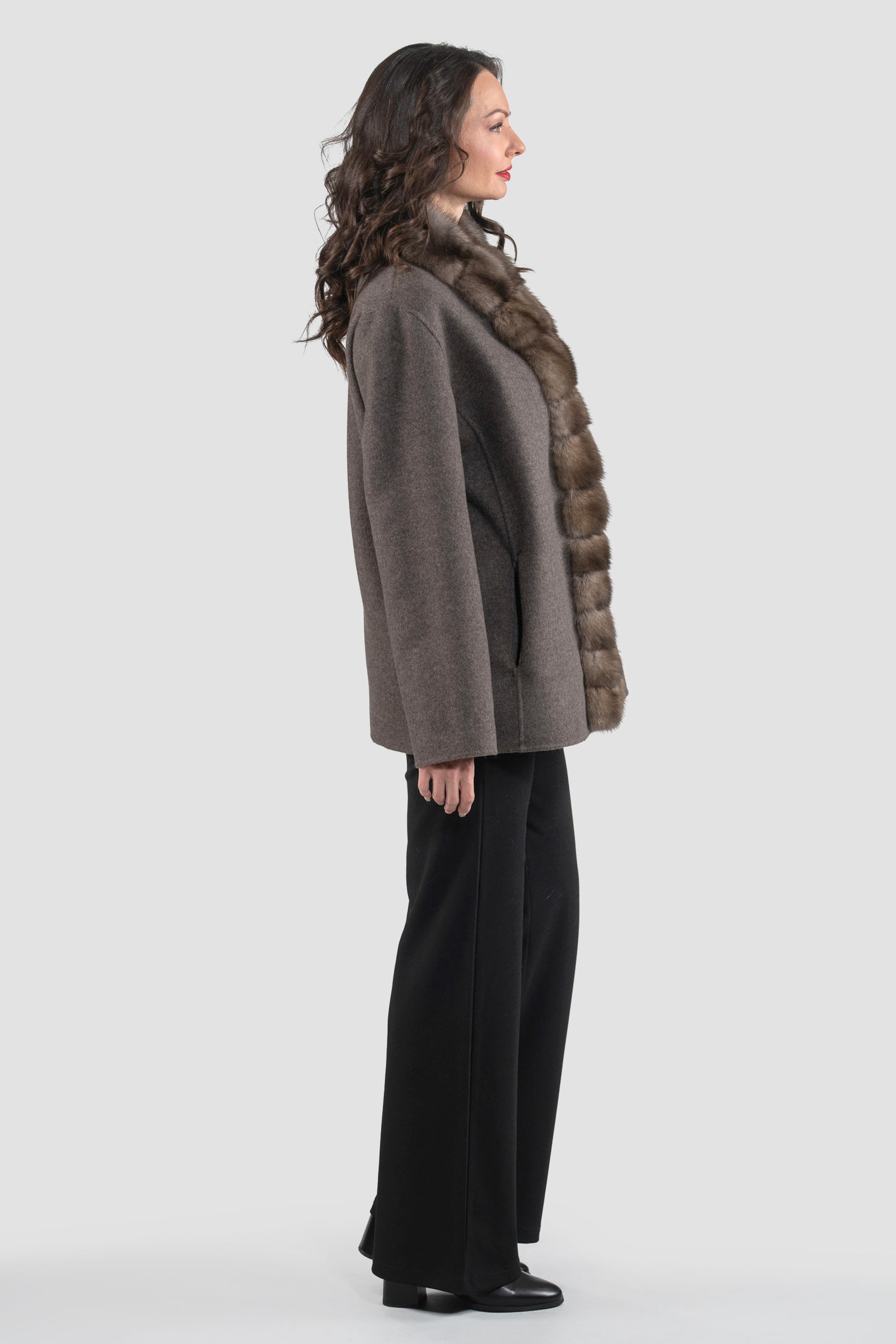 Grey Cashmere Wool Jacket with Russian Sable Trim 21C6080