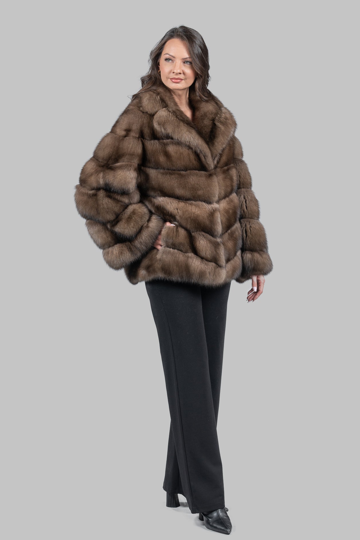 Graphite Russian Sable Half Coat with Notch Collar V/K14M475G034