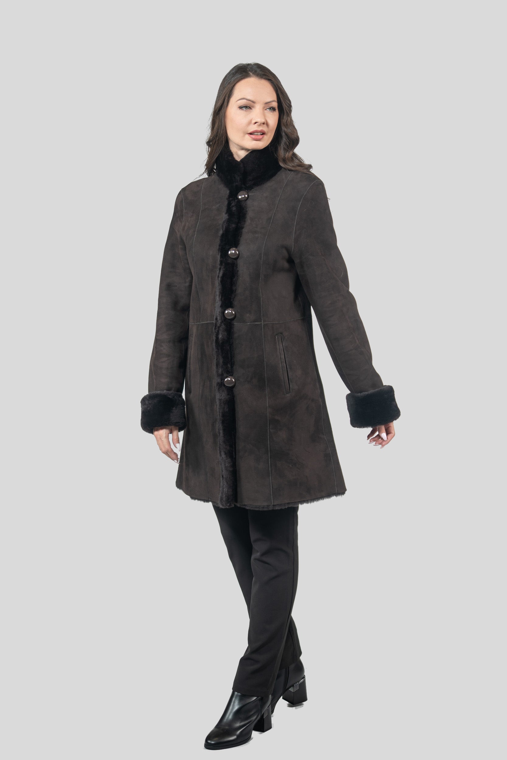 Brown Half Coat In Spanish Merino with Stand Collar 207