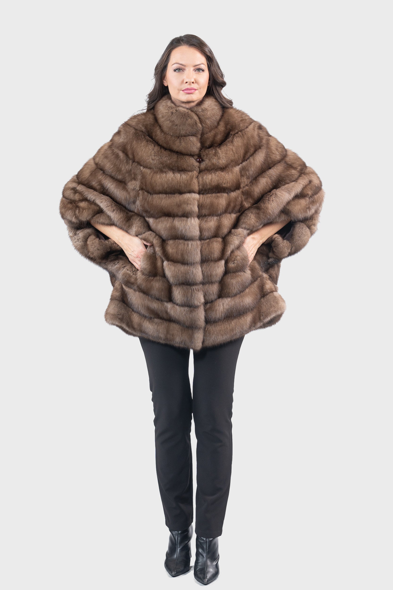 Graphite Russian Sable Cape with Stand Collar P/K13C959