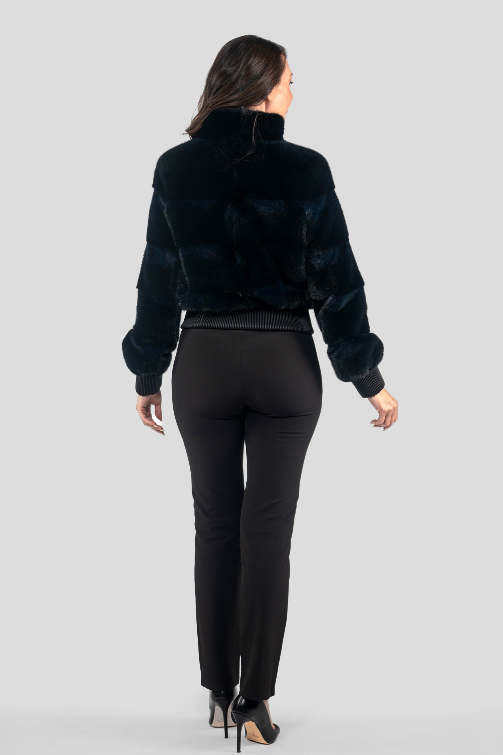 Blue Black Mink Bomber Jacket with Stand Collar P/K13C224