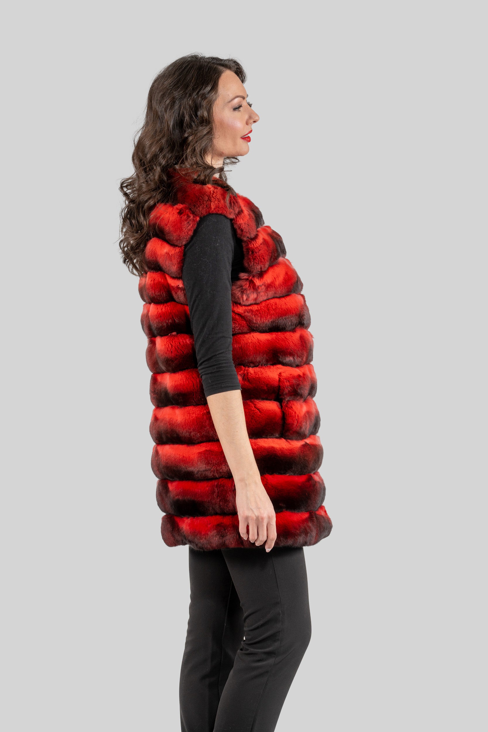Collarless Crimson Red Chinchilla Vest P/K13C519
