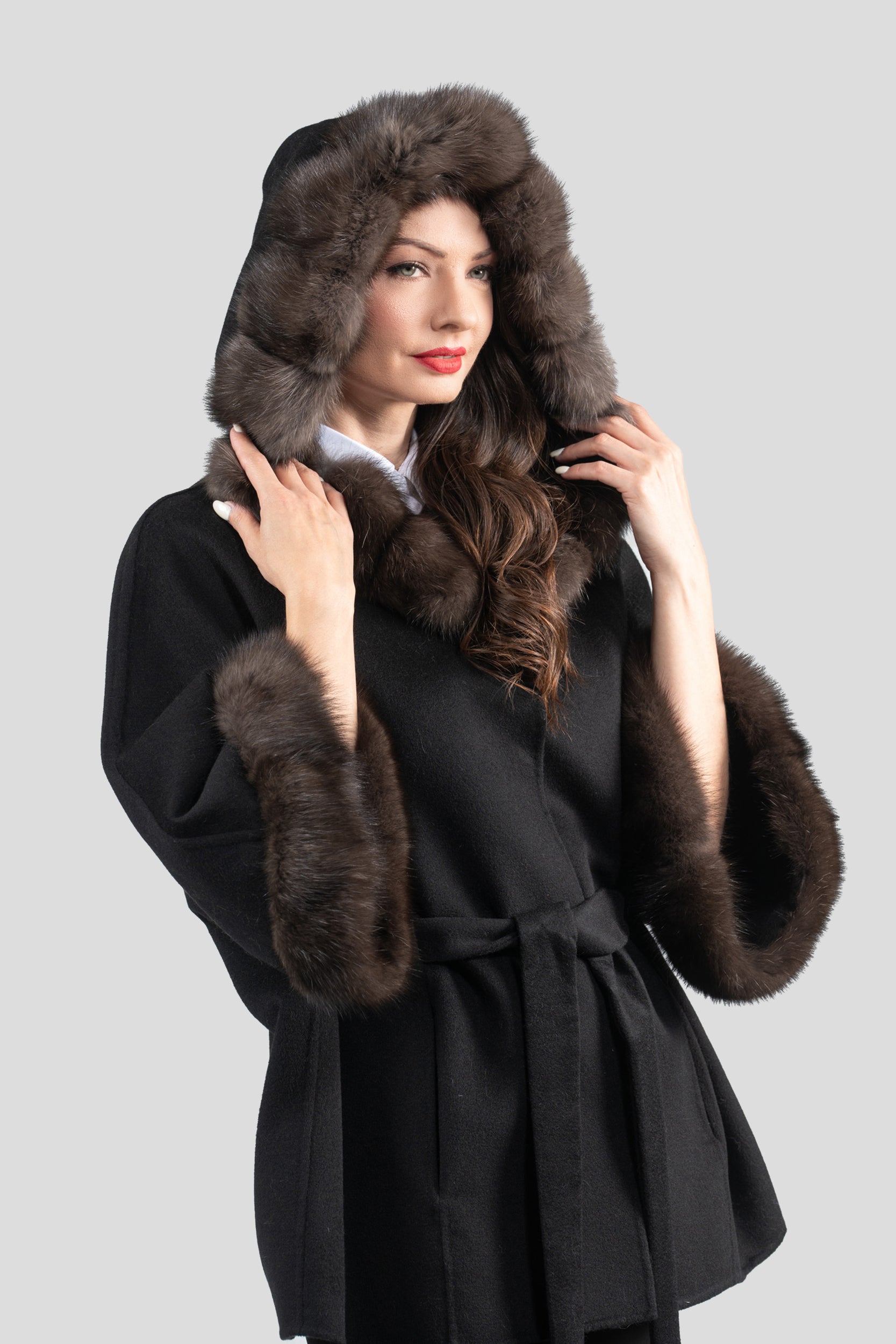 Black Cashmere Hooded Cape with Russian Sable Trim 2005H