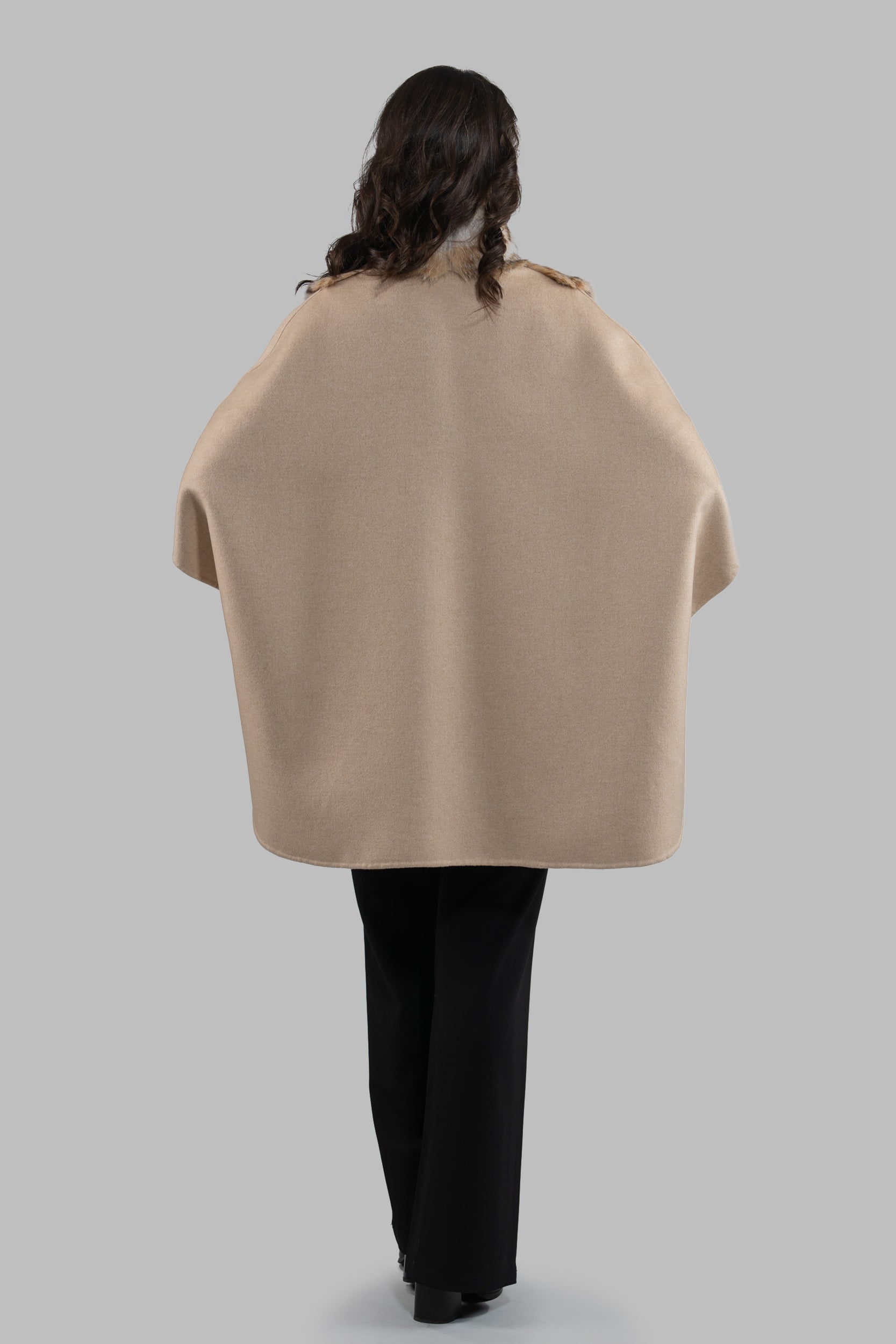 Ecru Cashmere Cape with Bobcat Fur Trim 18M950