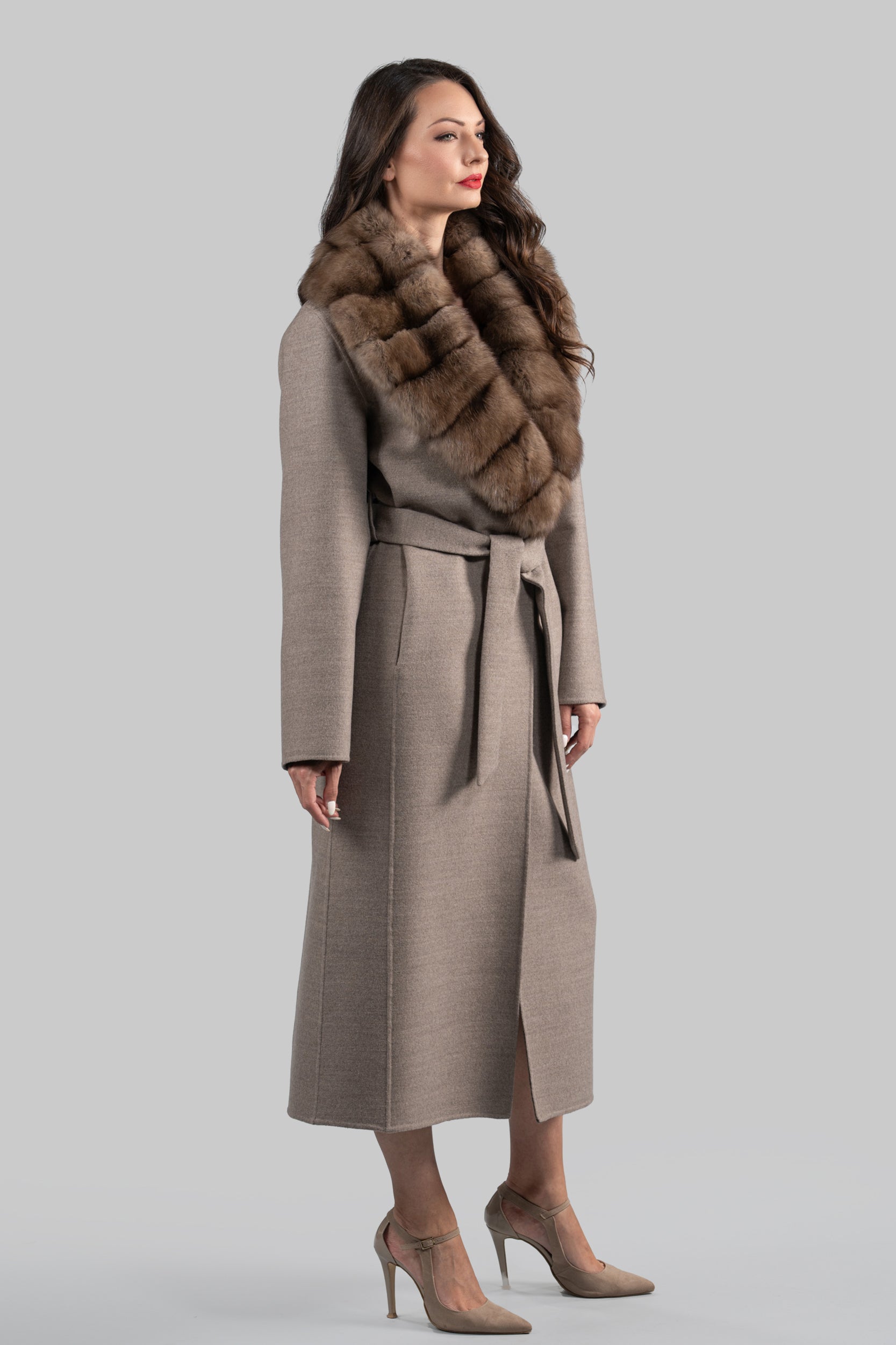 Brown Gray Cashmere Coat with Russian Sable Shawl Collar 20C8070
