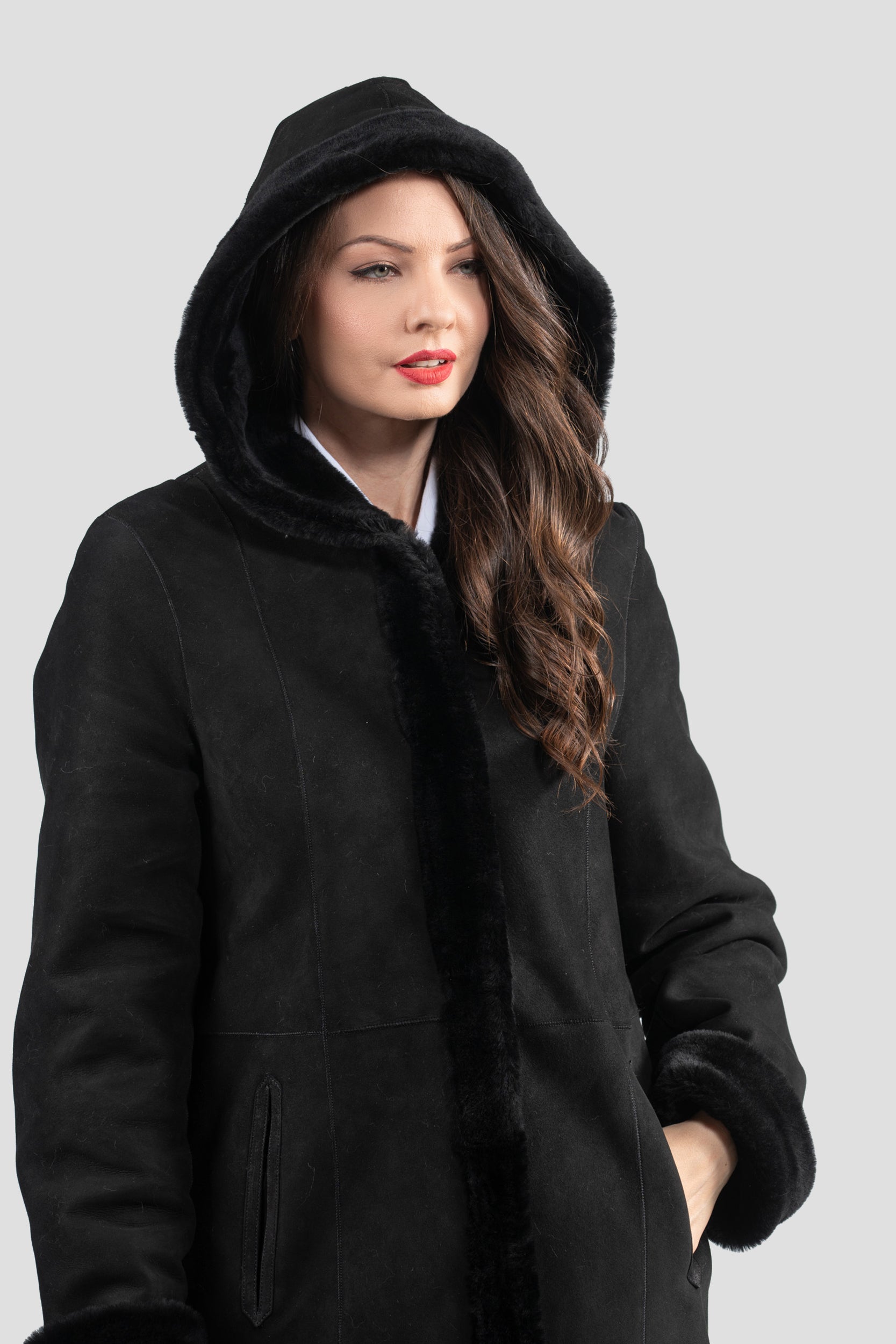Hooded Black Half Coat In Spanish Merino 207H
