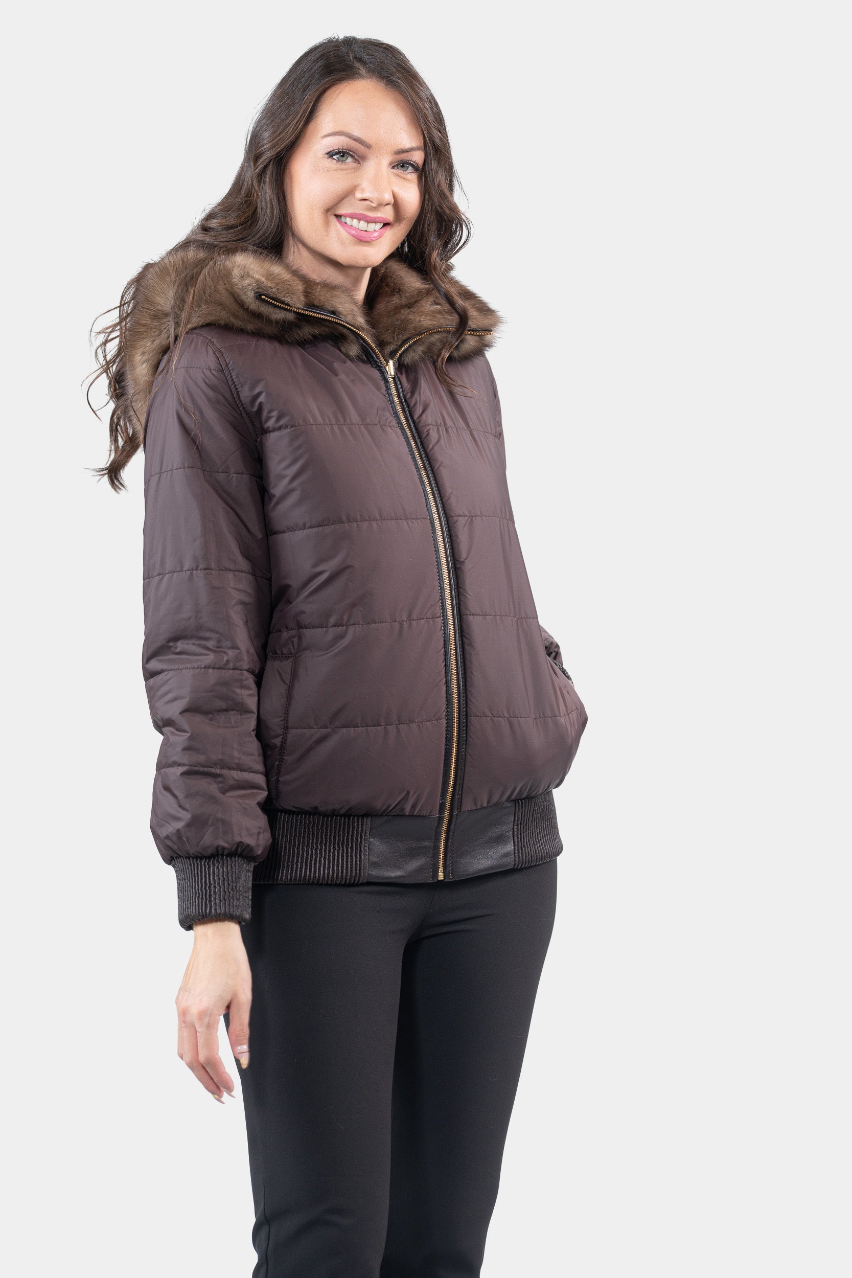 Reversible Titanium Russian Sable Bomber Jacket with Attached Hood P/K228H