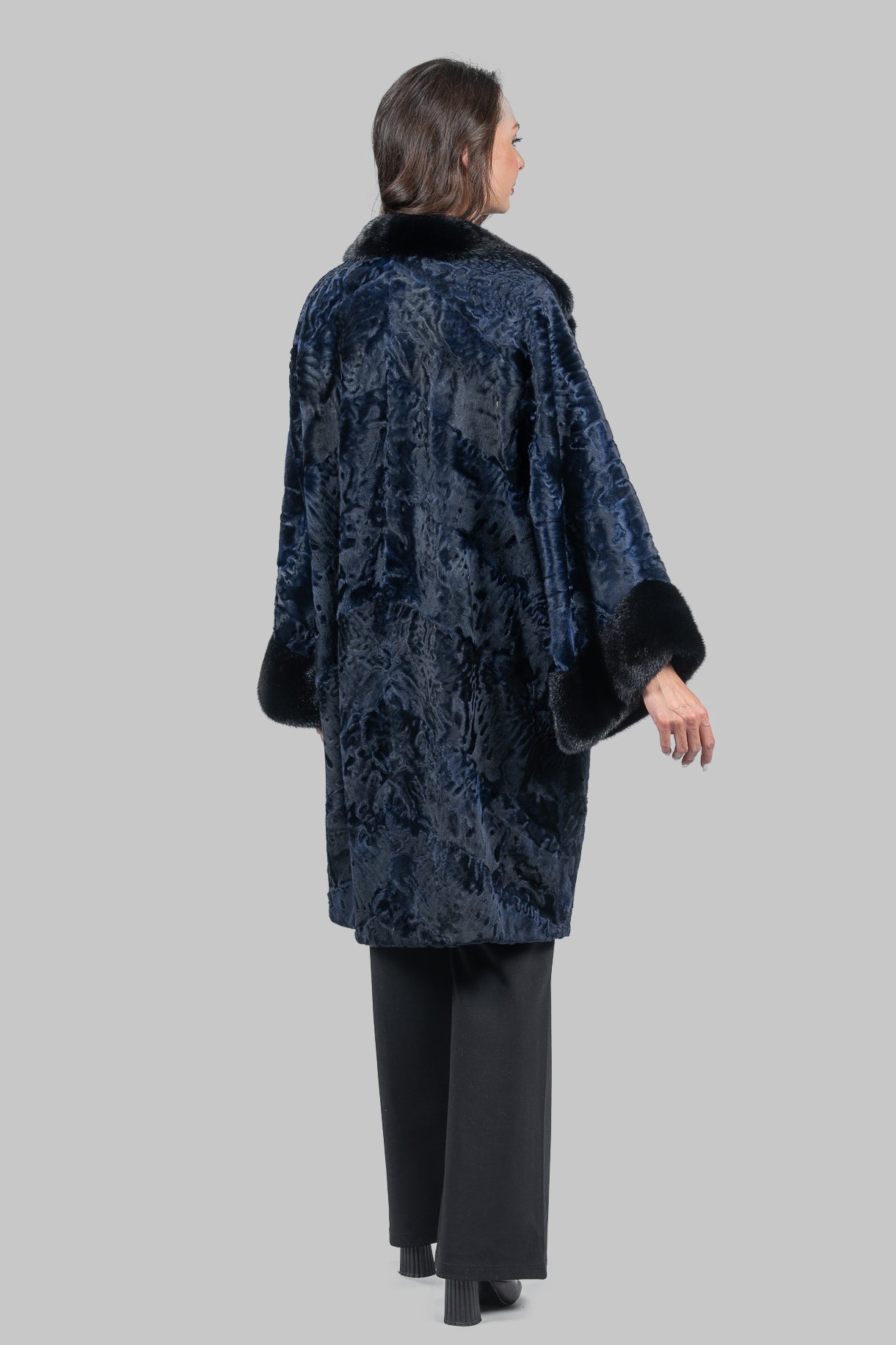 Blue-Black Swakara Half-Coat Mink Trim with Notch Collar A/K13C848gs20v30