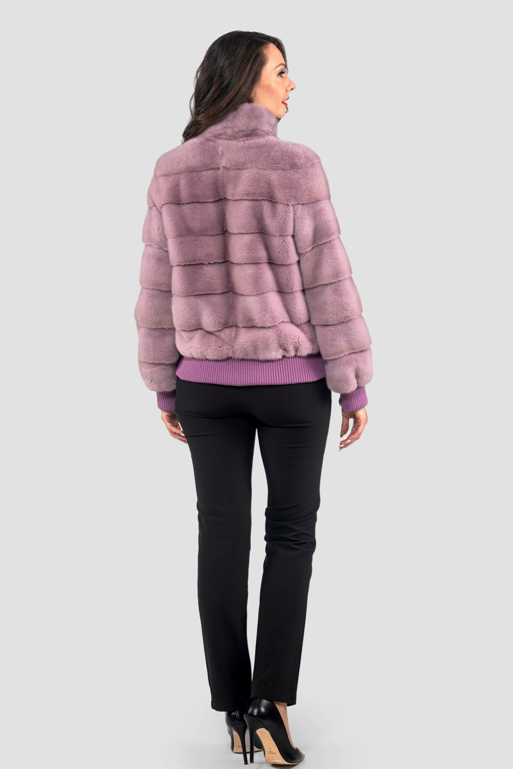 Violet Mink Bomber Jacket with Stand Collar P/K13C224