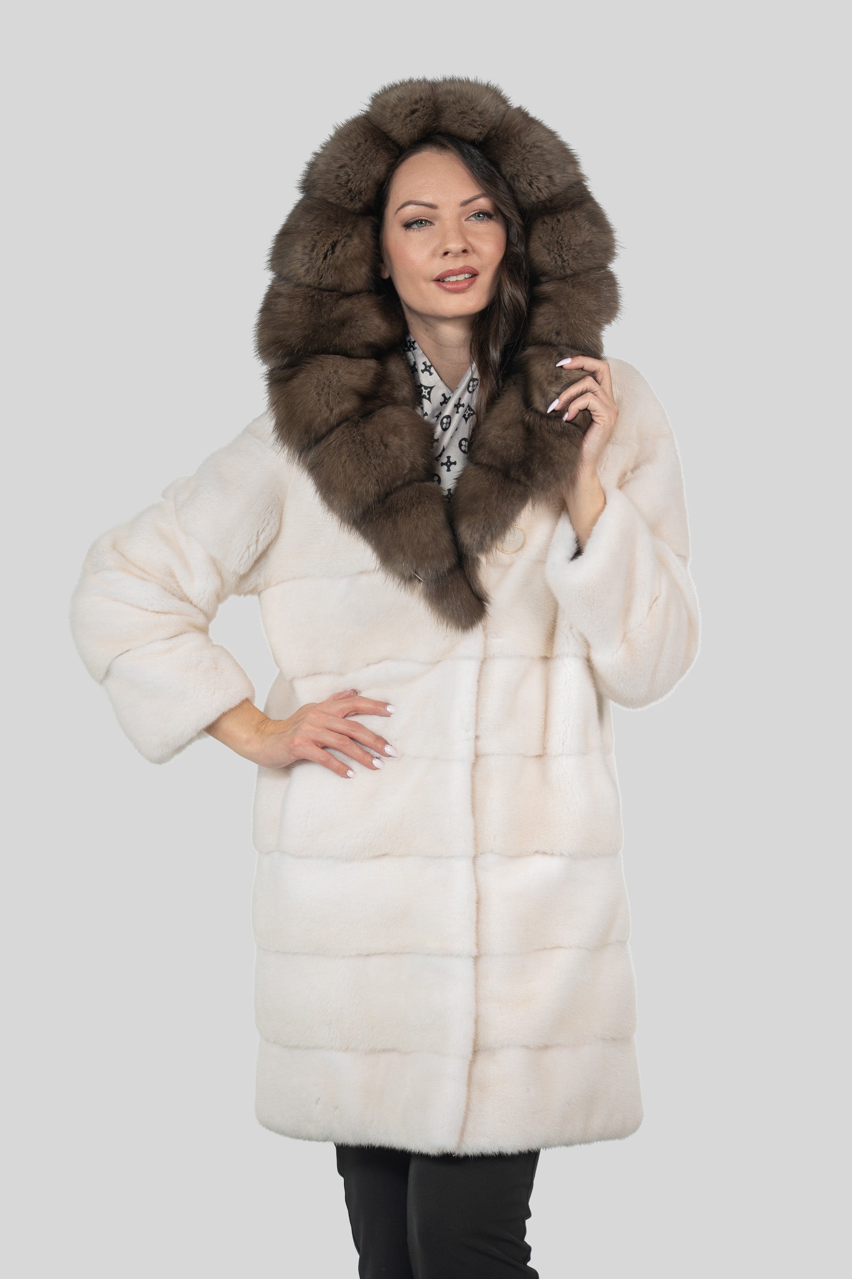 Pearl Mink Half Coat with Russian Sable Hood P/K13C540