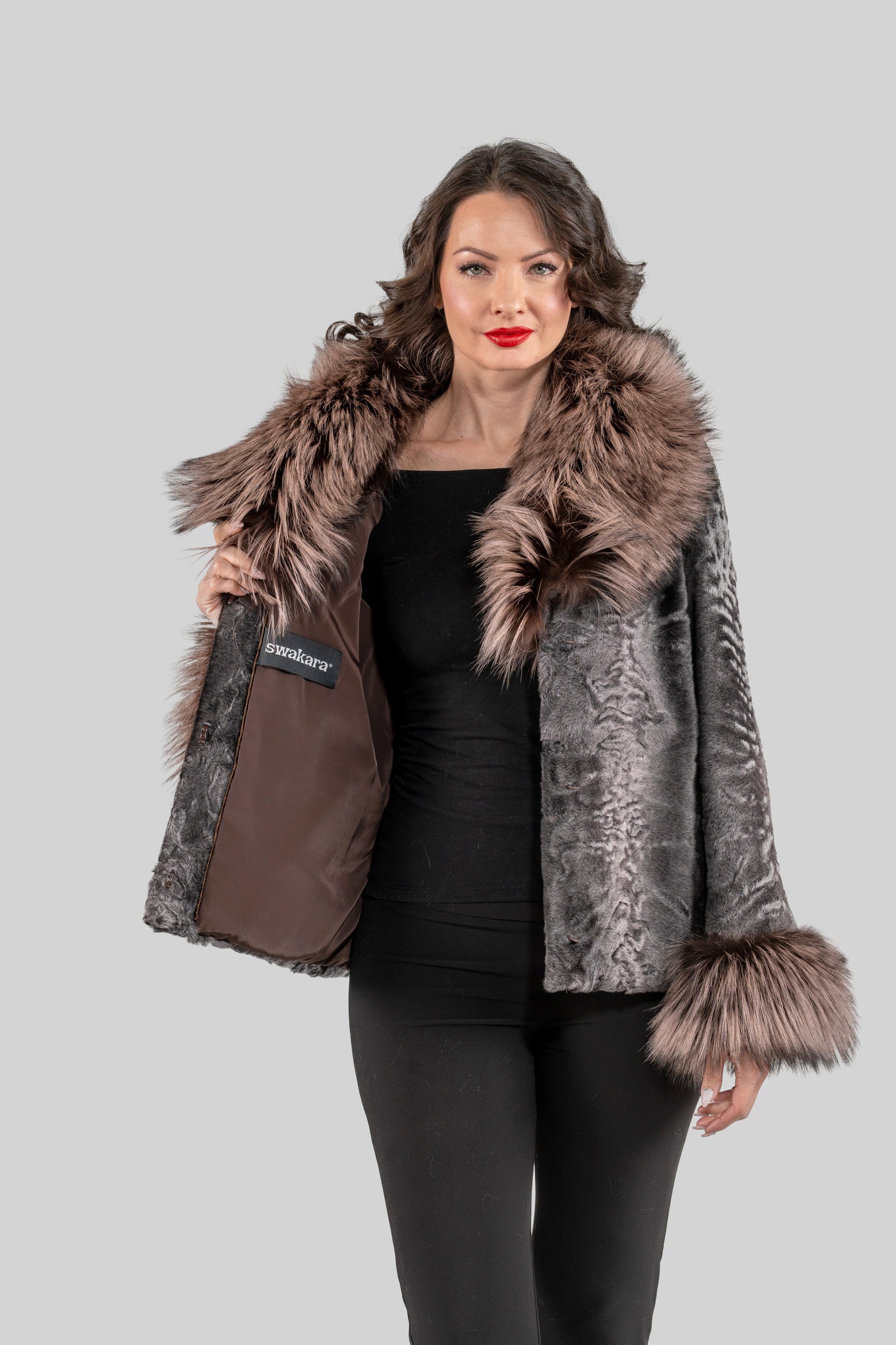 Grey Moon Swakara Jacket with Fox Fur Trim Notch Collar and Cuffs S/S13C528s20