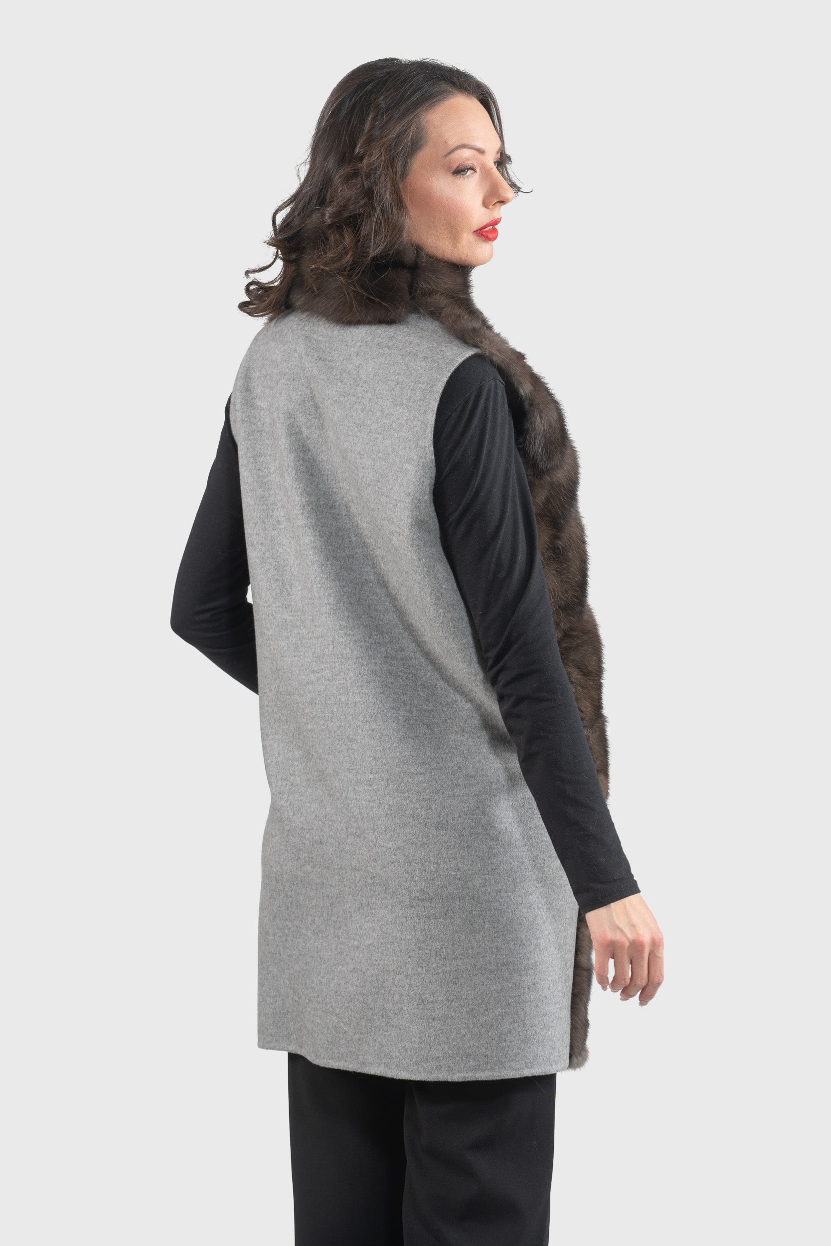 Grey Cashmere Vest with Russian Sable Trim 17C8003