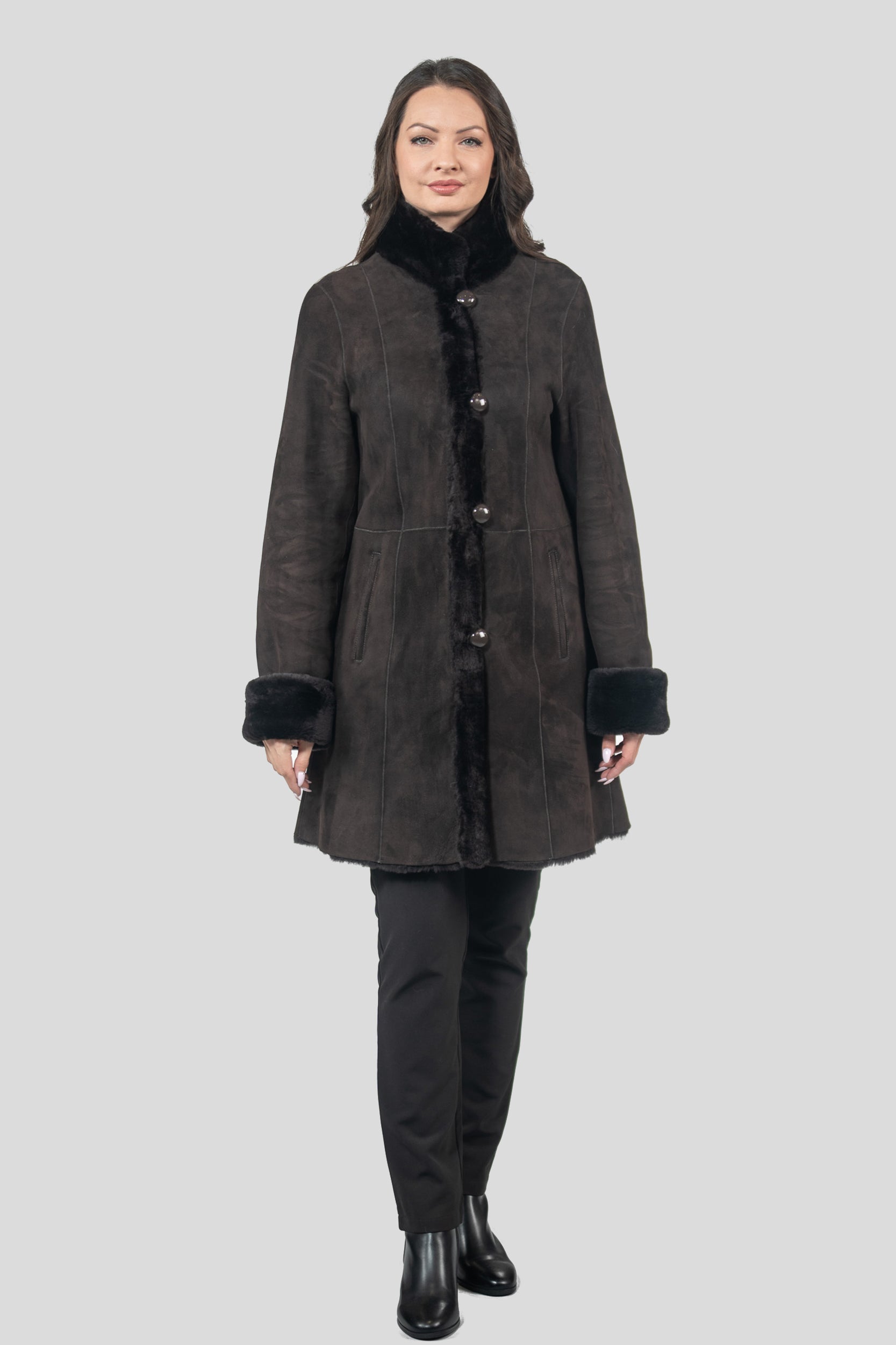 Brown Half Coat In Spanish Merino with Stand Collar 207