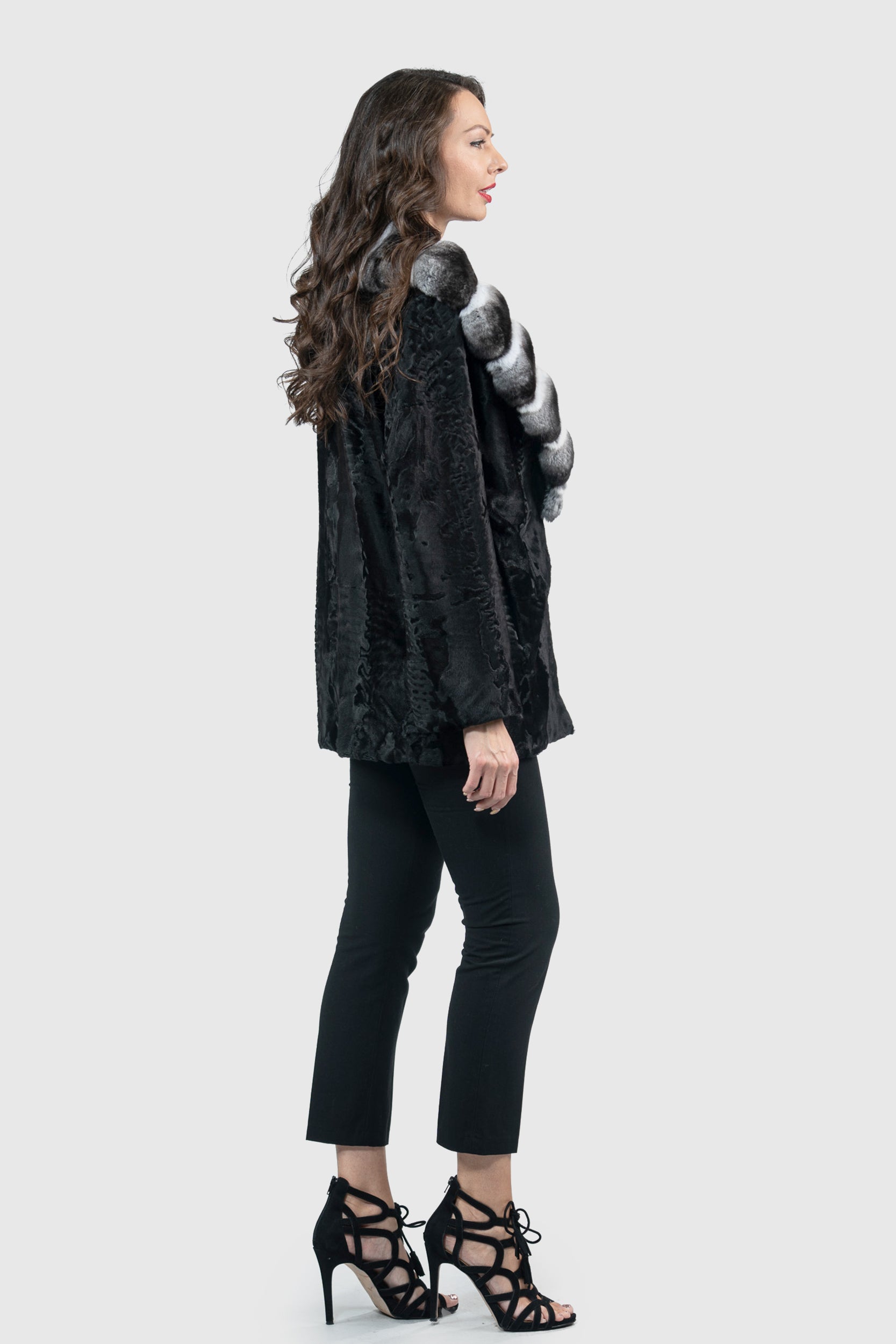 Black Swakara Jacket with Chinchilla Notch Collar S/S21C842