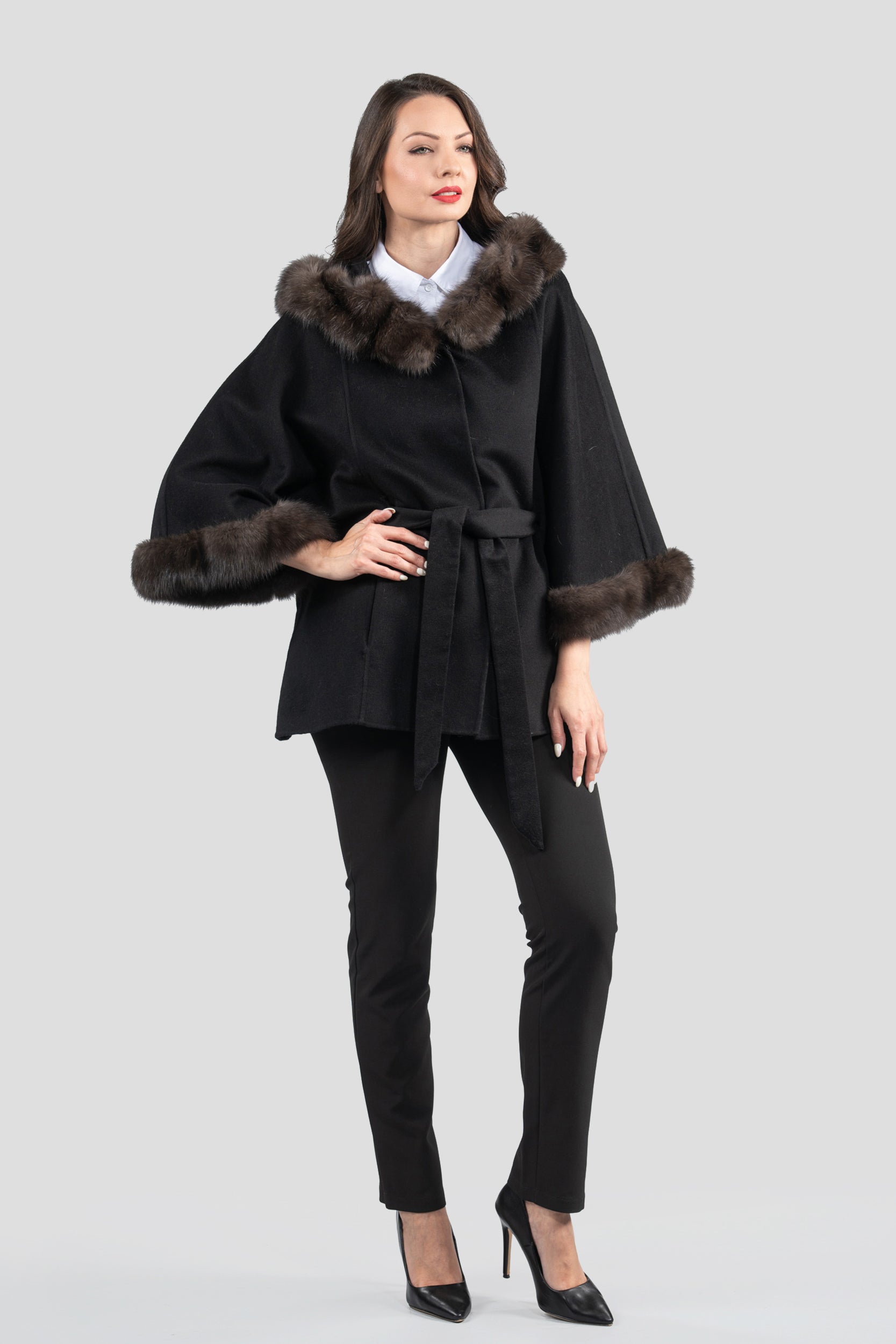 Black Cashmere Hooded Cape with Russian Sable Trim 2005H