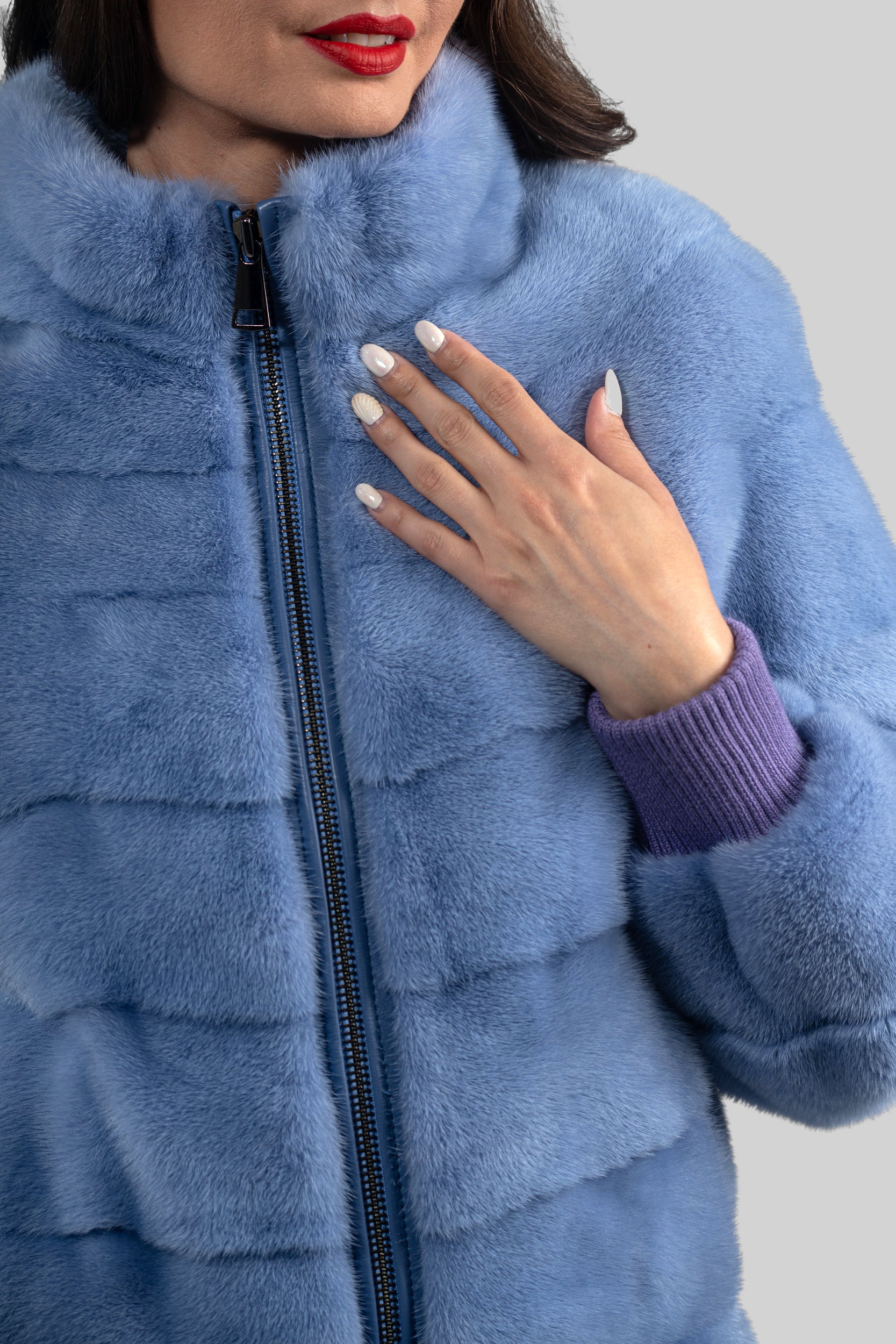 Aqua Marine Mink Bomber Jacket with Stand Collar P/K13C224