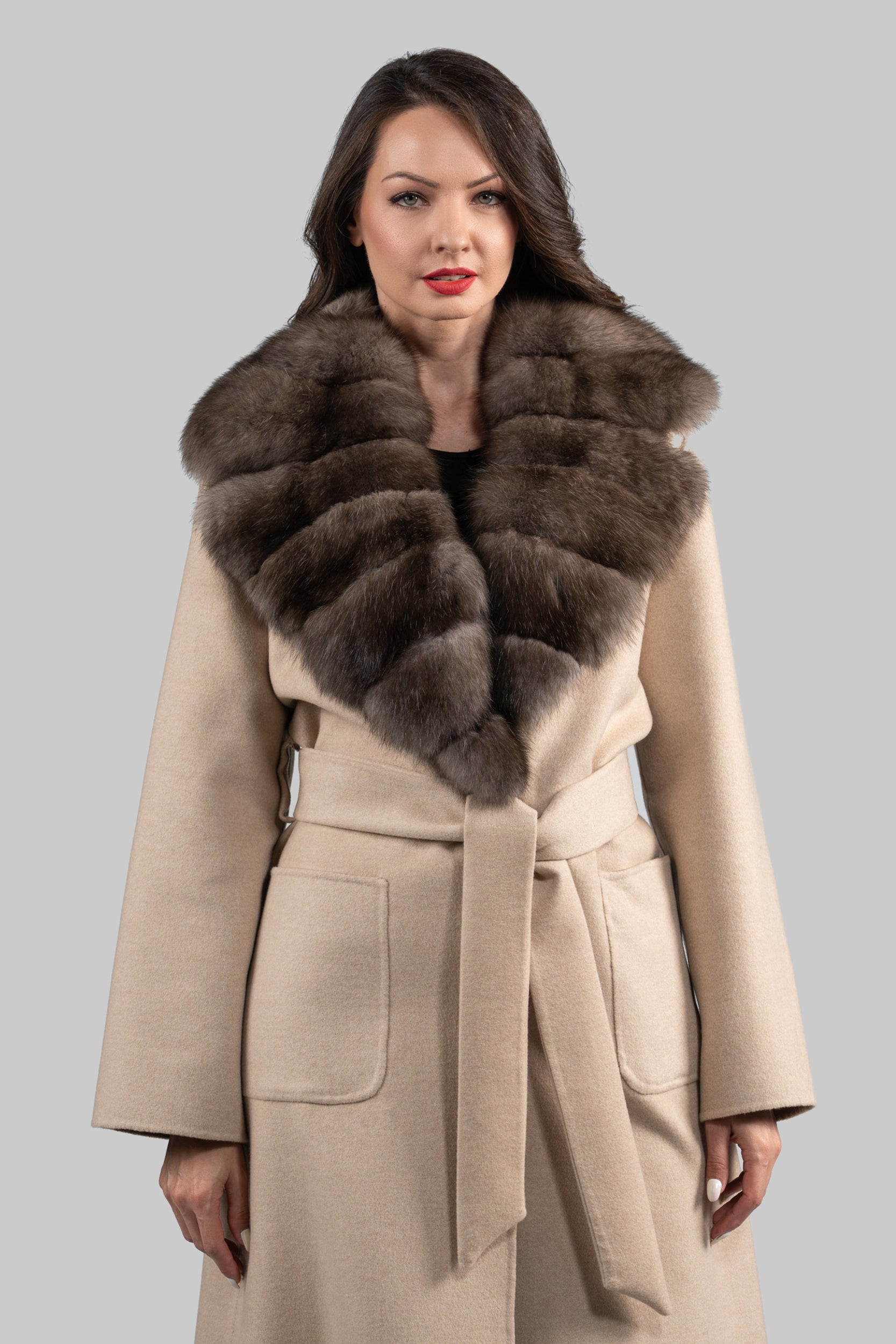 Ecru Cashmere Coat with Russian Sable Notch Collar 22CA235